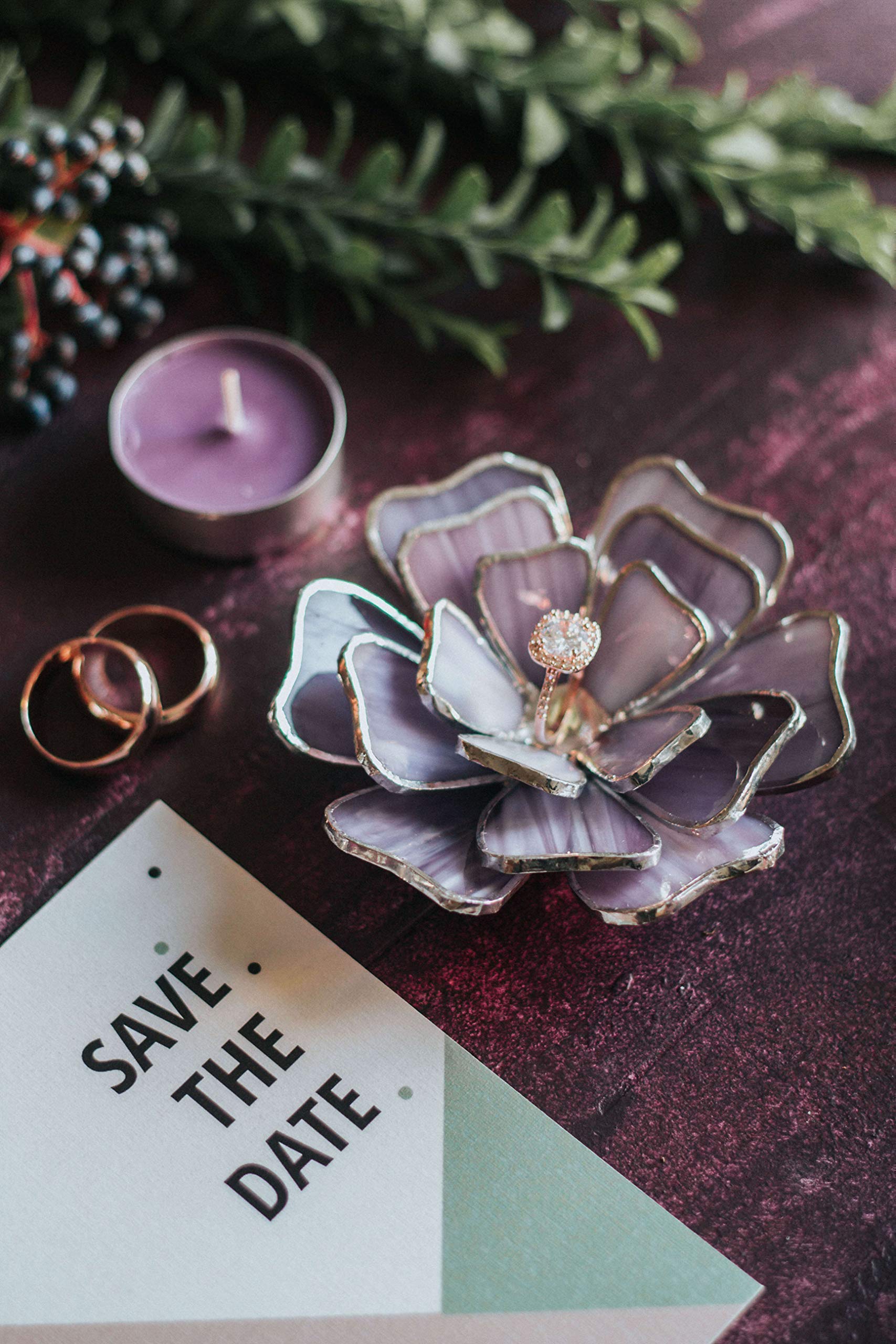 Opalescent Glass Ring Holder - Elegant Jewelry Dish & Flower Ring Tray for Engagement, Wedding, Anniversary - Perfect Valentine's Day Gift & Wedding Decor (Purple) | Ideal for Displaying Rings, Earrings, and Small Trinkets on Dresser, Vanity or Bridal Shower Decor