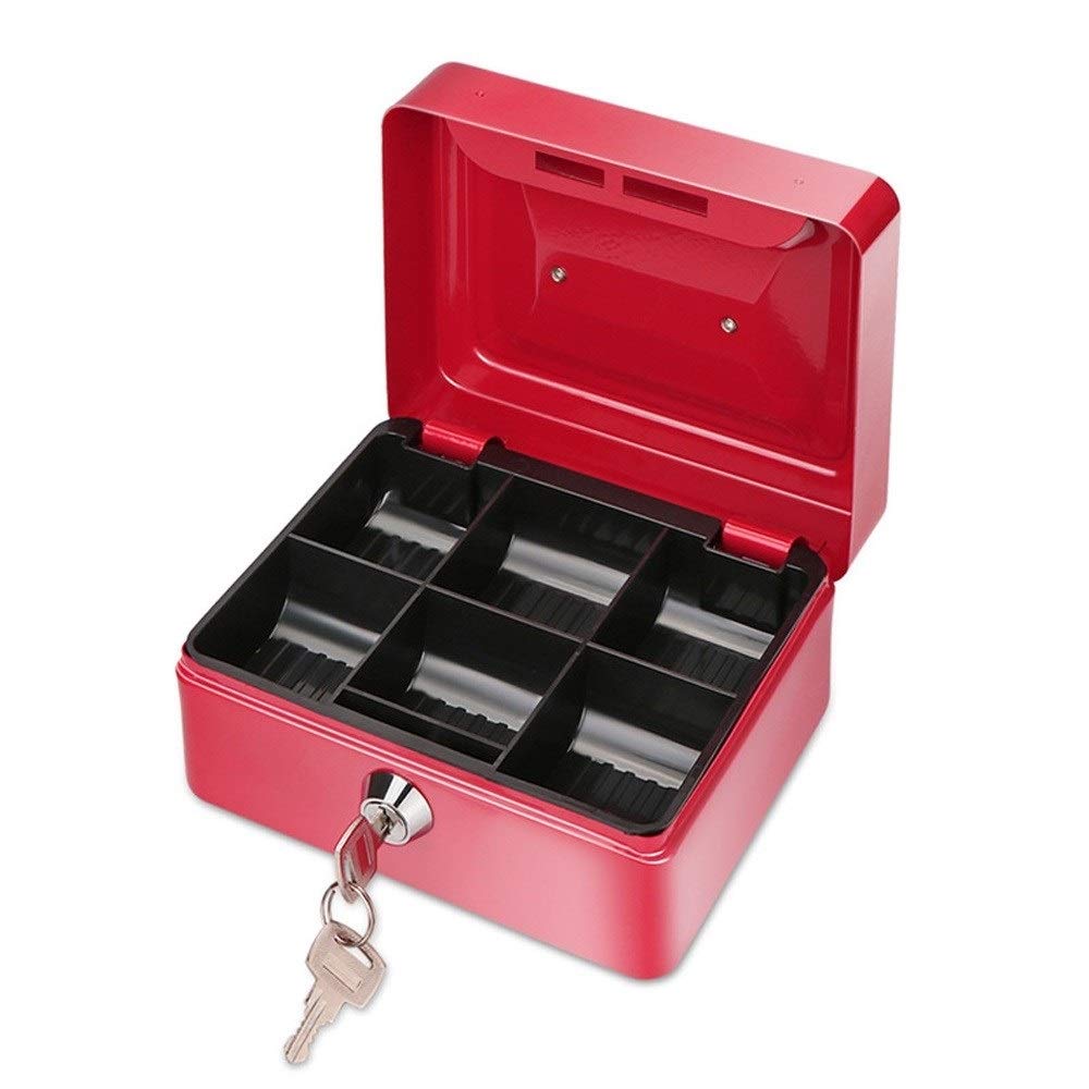 Small Metal Money Coin Cash Safe Box with Lock - 6 Compartments Piggy Bank for Savings, Home Decor & Craft Gifts (Red) - Perfect for Kids Allowance, Coin Collection & Secure Cash Storage