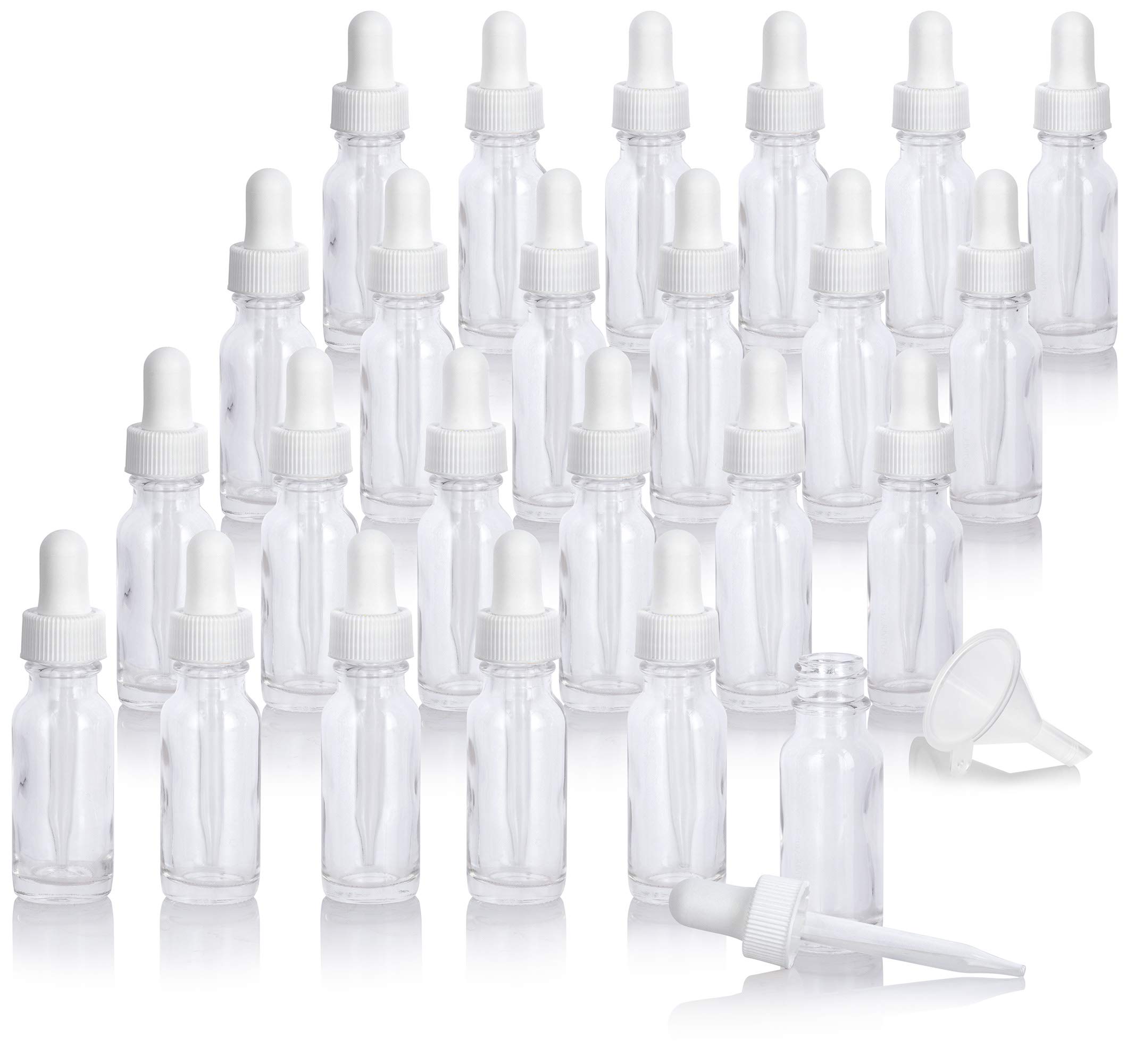 JUVITUS 15ml Clear Glass Boston Round Bottles with White Dropper Caps - 24 Pack Essential Oil Bottles with Bonus Funnel - Perfect for DIY Essential Oils, Aromatherapy, and Liquid Storage