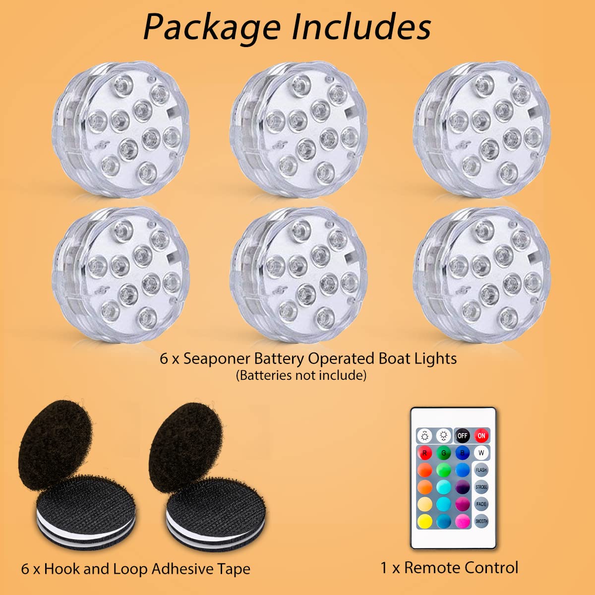 Wireless Battery Operated Waterproof Marine LED Boat Lights - 6 Pack RGB Multi-Color Remote Controlled Deck & Interior Lights for Fishing Kayak, Duck Jon, Bass Boats | Perfect for Night Fishing & Boat Parties