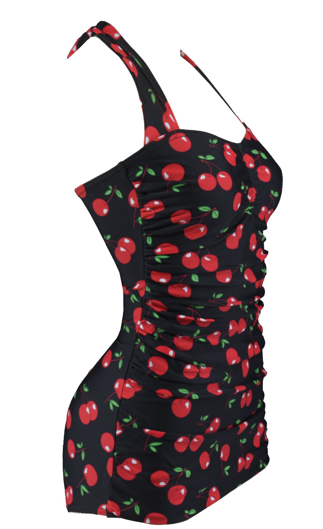 Vintage Women's One-Piece Halter Swimsuit with Ruffled Cherries Print - Perfect for Beach Vacations, Pool Parties & Summer Getaways