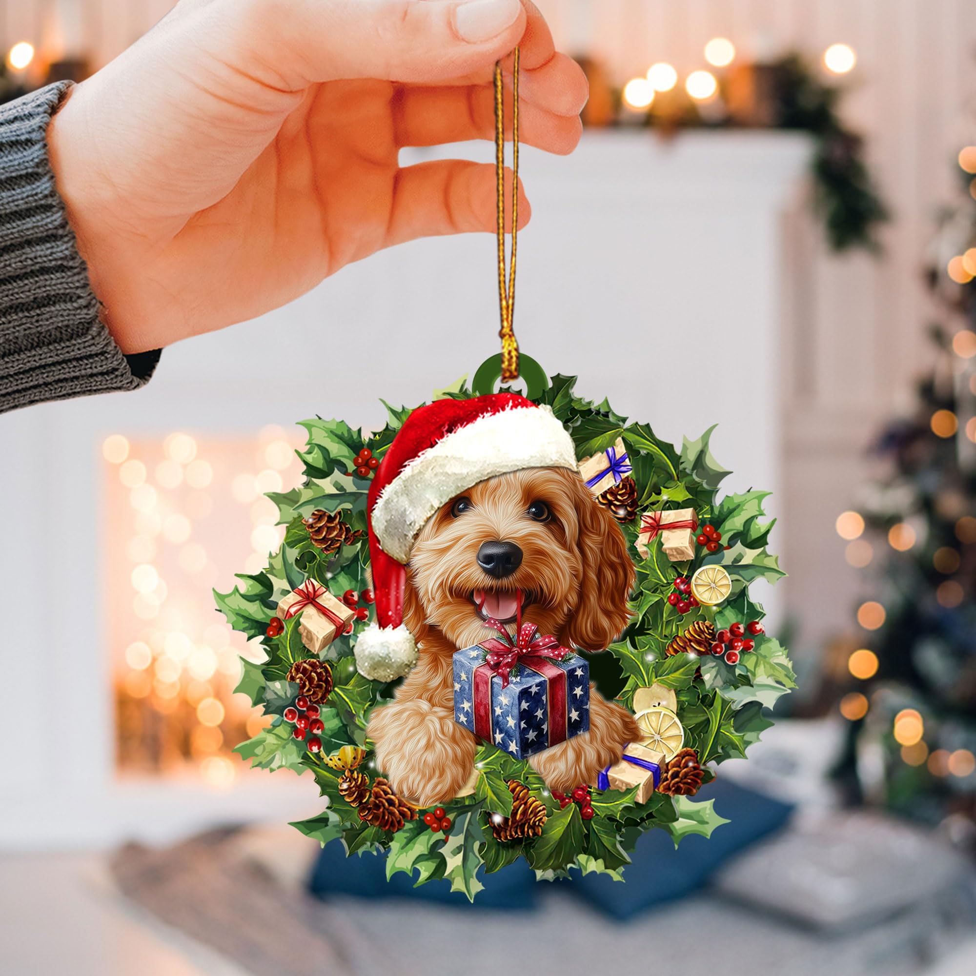 Talataca Goldendoodle Christmas Hat Wreath 2D Car Mirror Charm - Dog Lover Gift, Holiday Car Ornament & Interior Decor for Christmas, Perfect for Pet Owners & Festive Vehicle Decoration