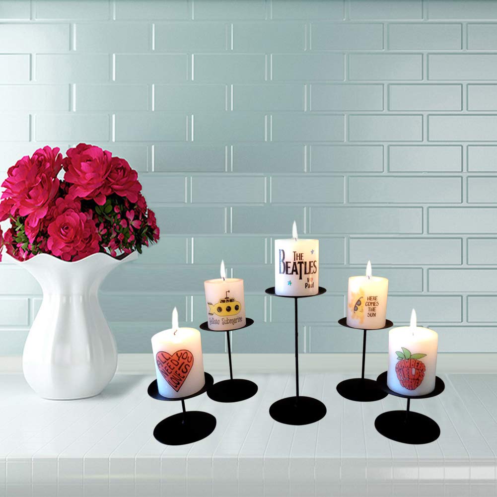 Modern Black Iron Candle Holders for Pillar Candles - Set of 5 Sturdy Fireplace Candelabra, Table Centerpiece for Home Decor, Weddings & Romantic Dinners - Elegant Rustic Candle Sticks for Mantel, Dining Table & Special Occasions