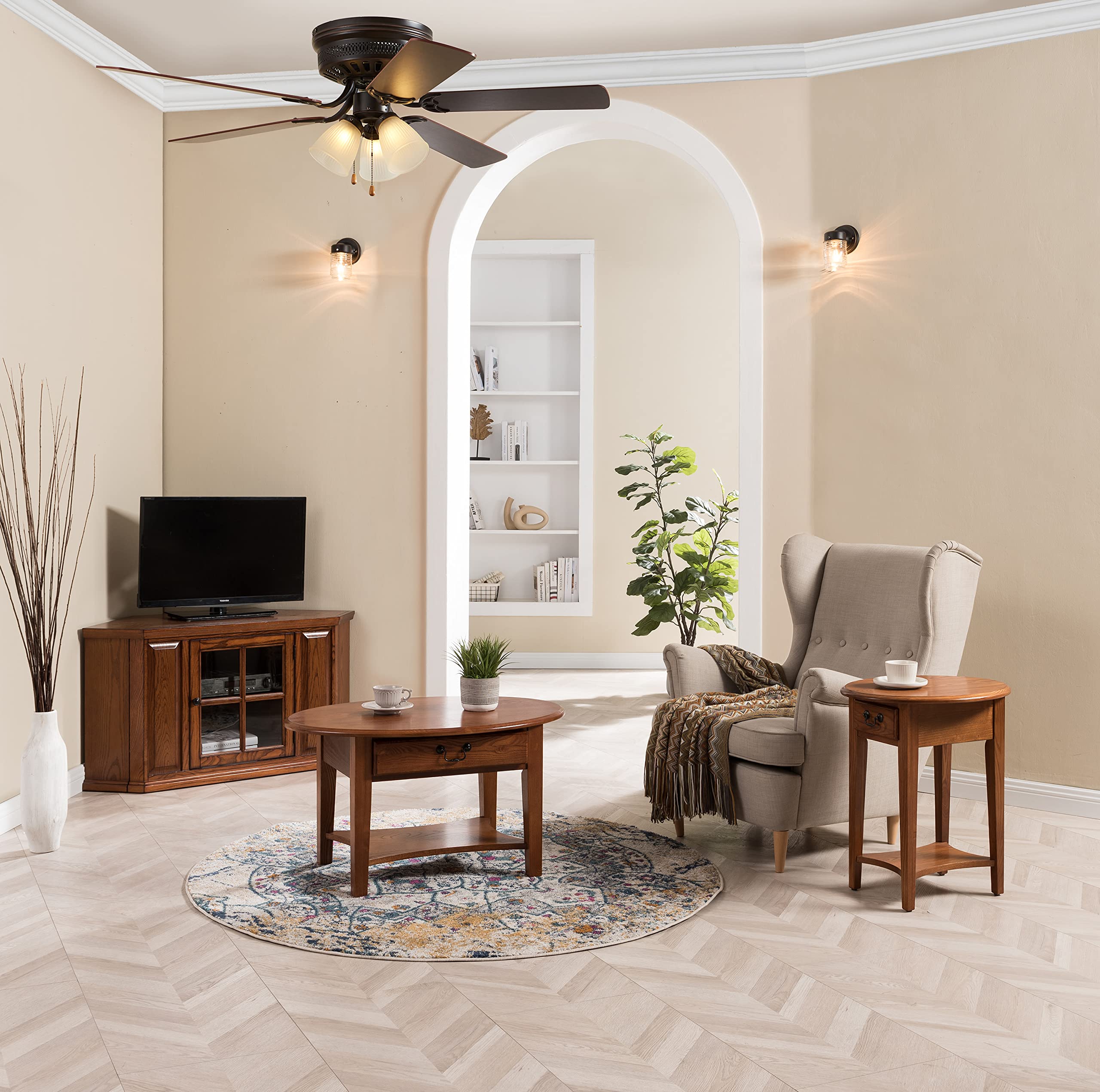 Haven Ridge Solid Wood Oval Coffee Table with Shelf - One Drawer, Medium Oak Brown by Leick Home - Perfect for Living Room, Lounge & Small Spaces - 9044-MED