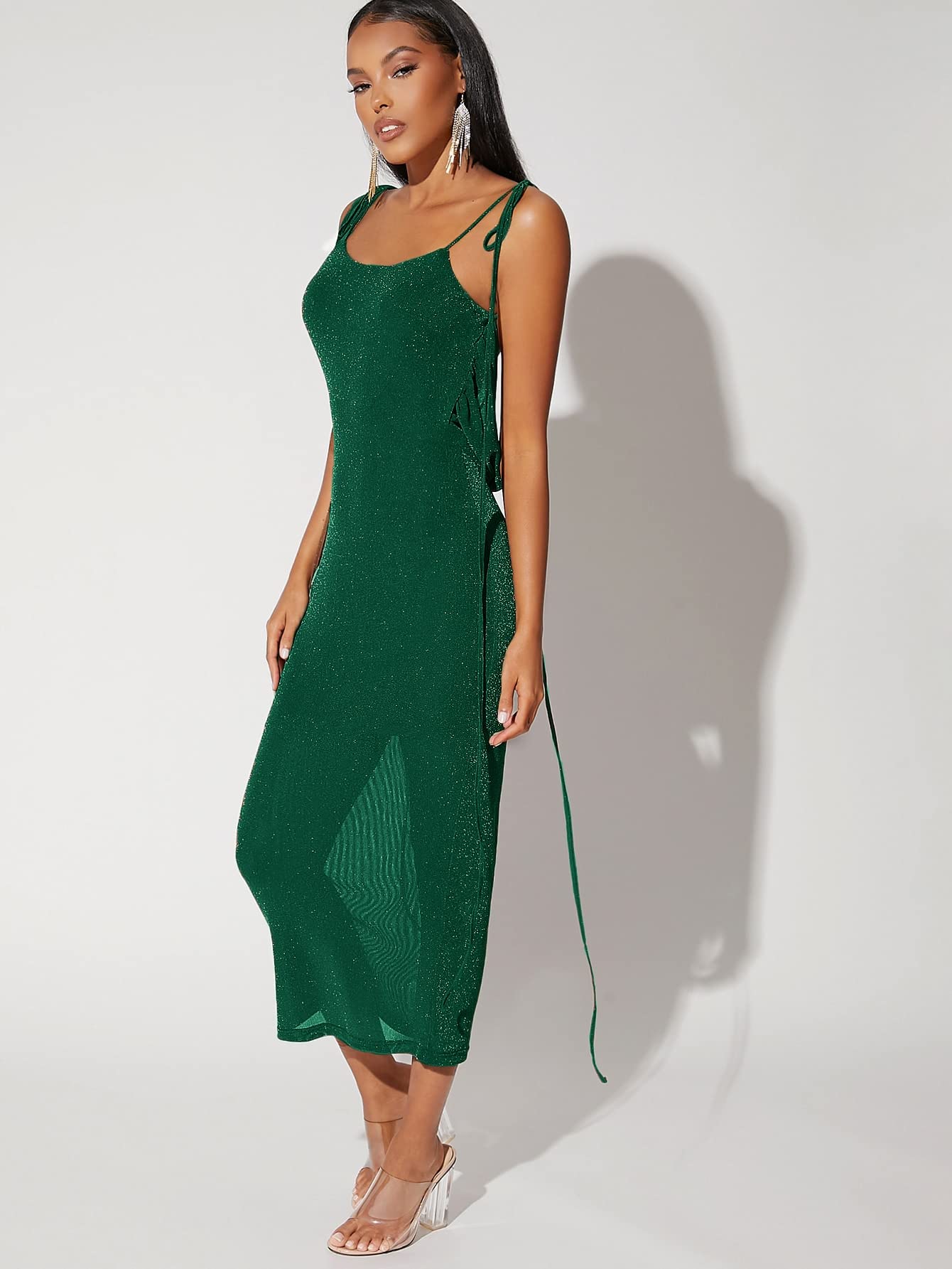 2022 Women's Summer Glitter Backless Tied Shoulder Dress - Dark Green, Size M | Perfect for Beach Parties, Date Nights & Special Occasions