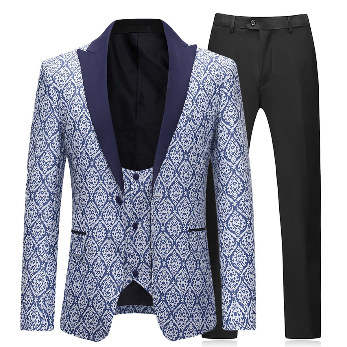 Boyland Men's 3-Piece Slim Fit Floral Tuxedo Suit Set - Vintage Style Wedding Groomsmen Outfit with Jacket - Perfect for Formal Events, Prom & Special Occasions