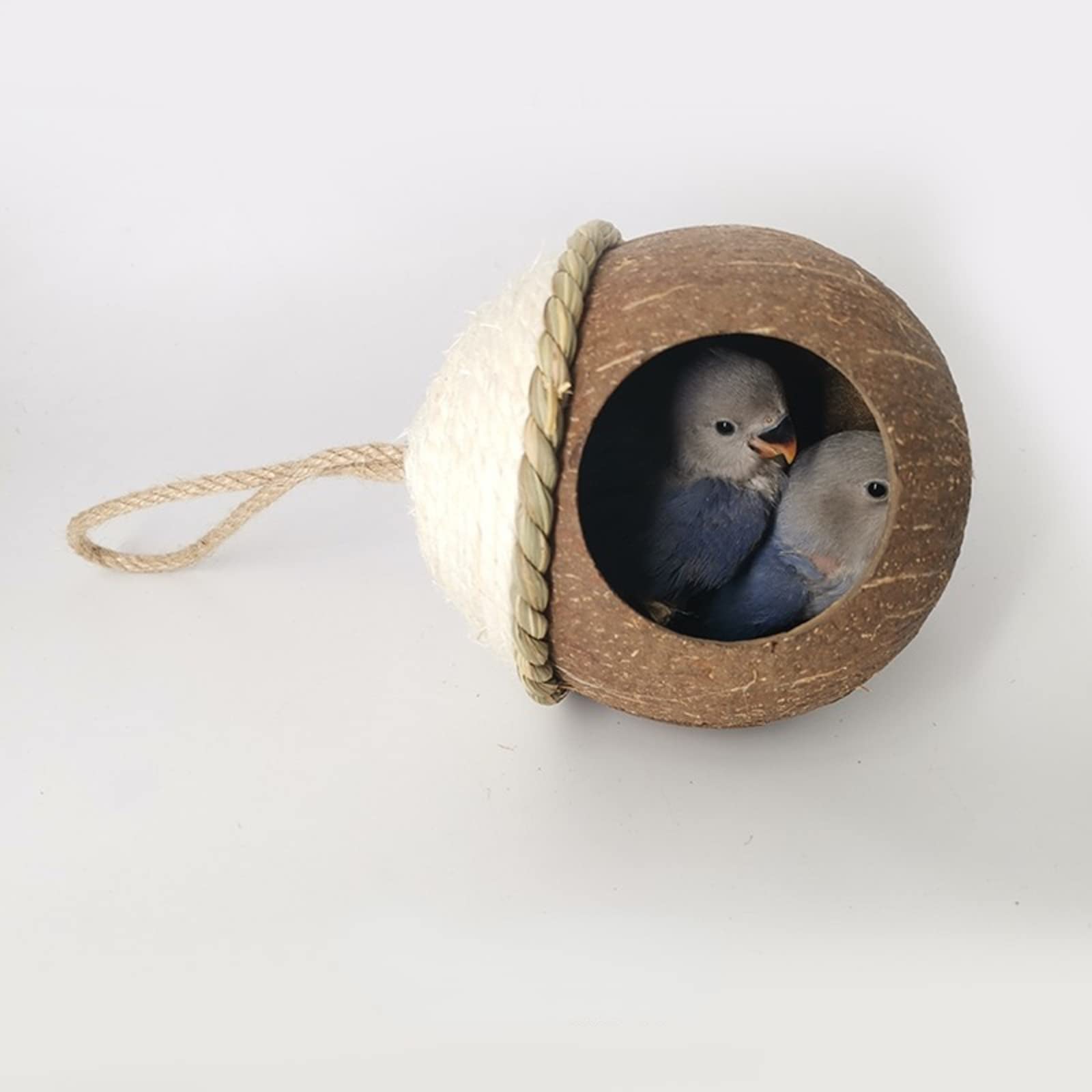 Natural Coconut Shell Bird Nest House - Handmade Simulation Birdhouse for Parakeets, Canaries & Small Birds - Eco-Friendly Grass & Straw Rope Design - Perfect for Cage Decoration & Bird Breeding
