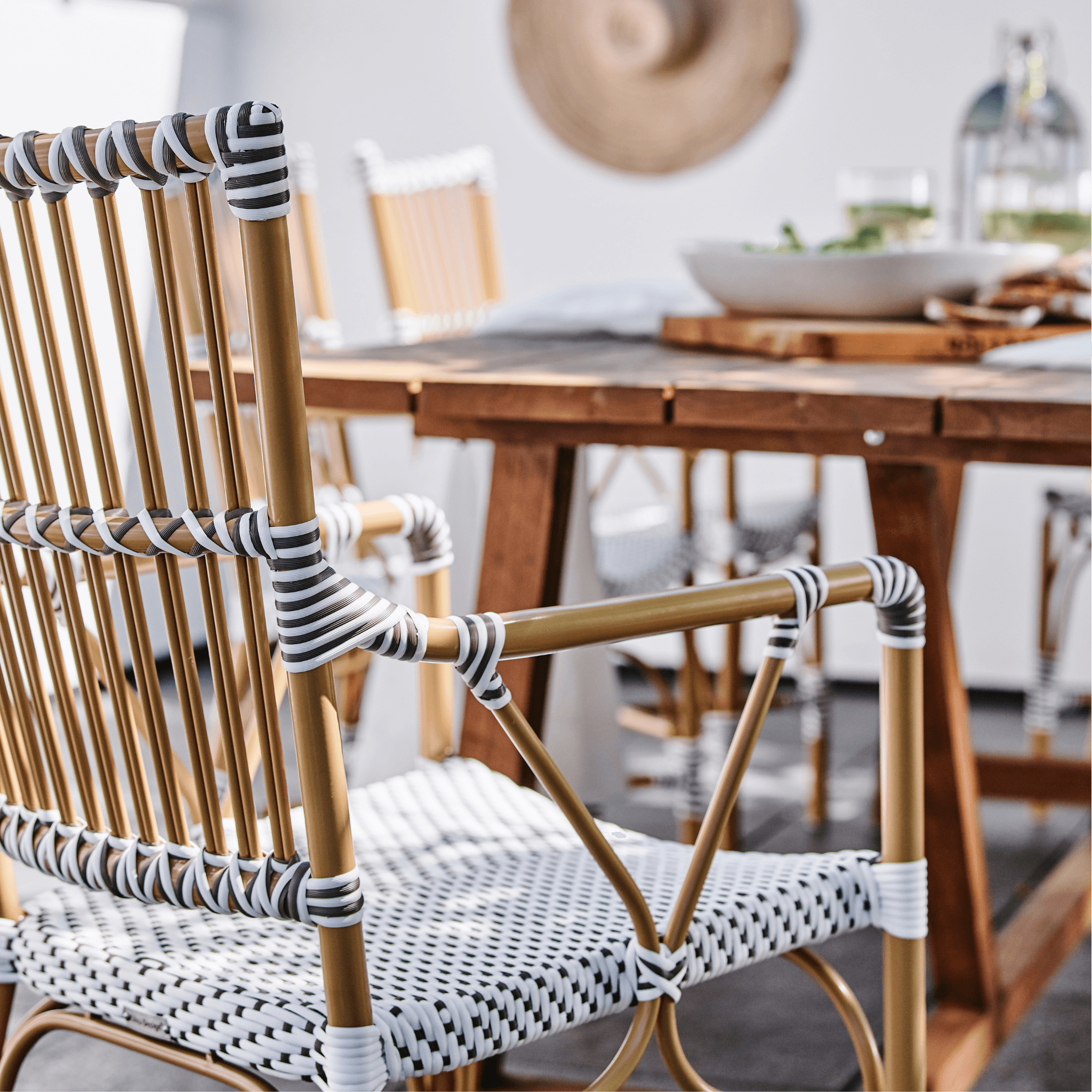 AluRattan™ Outdoor Bistro Arm Chair with Almond Frame - Weather-Resistant Patio Dining Chair for Garden, Balcony & Restaurant Use