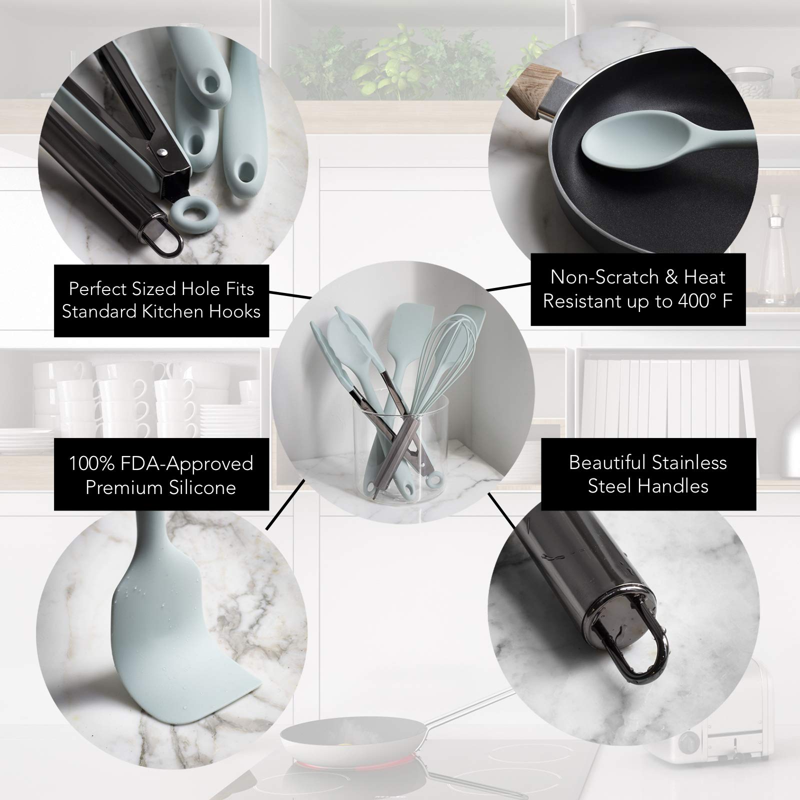 Premium 12-Piece Silicone Kitchen Utensil Set - Non-Scratch Cooking Tools for Nonstick Cookware - Heat Resistant Spatula, Spoon & Tongs - Easy Clean Mint Green Kitchen Gadgets - Perfect for Baking, Frying & Everyday Cooking