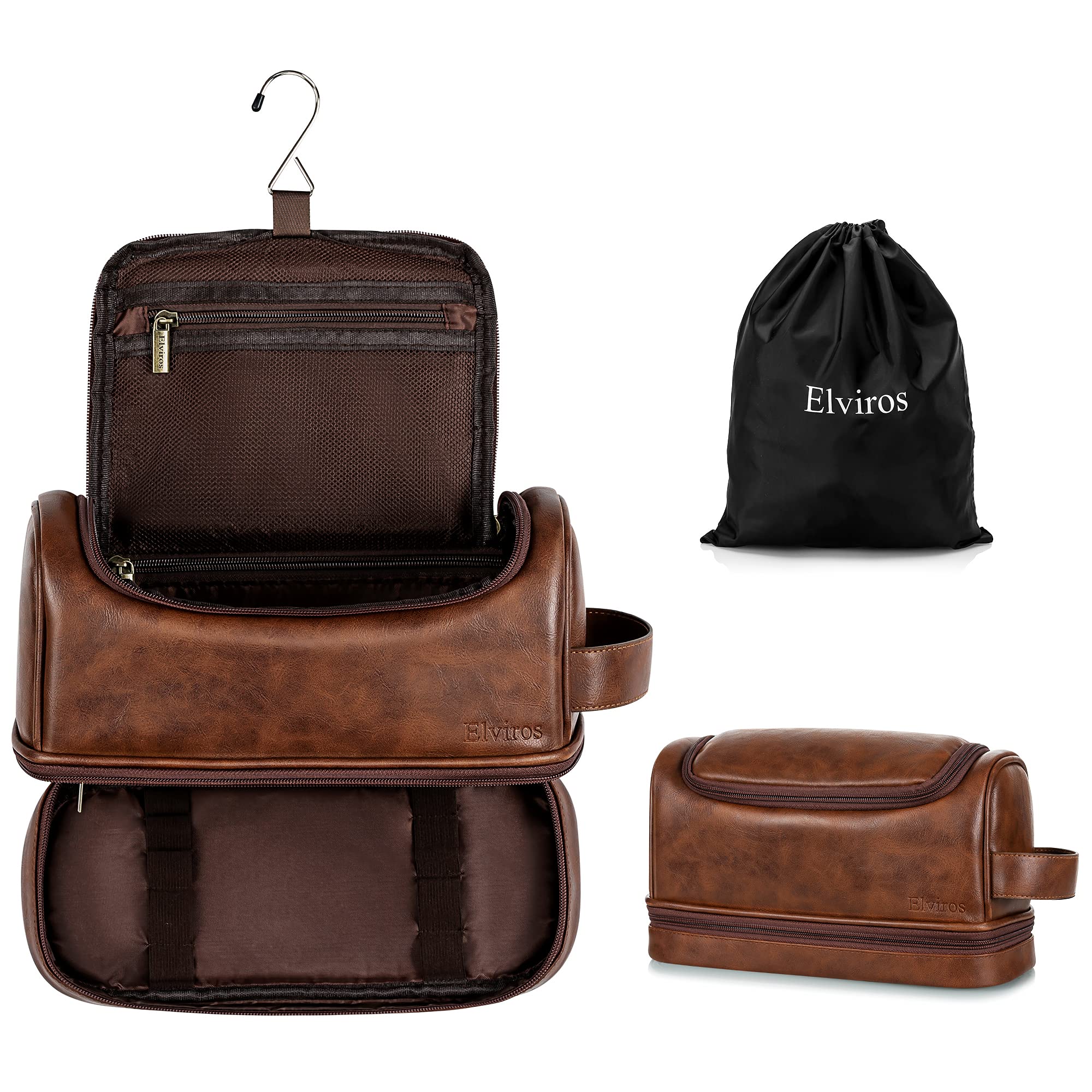 Elviros Leather Toiletry Bag for Men & Women - Large Water-Resistant Travel Organizer with Hanging Hook - Perfect for Bathroom, Shaving, Gym & Business Trips (Dark Brown)