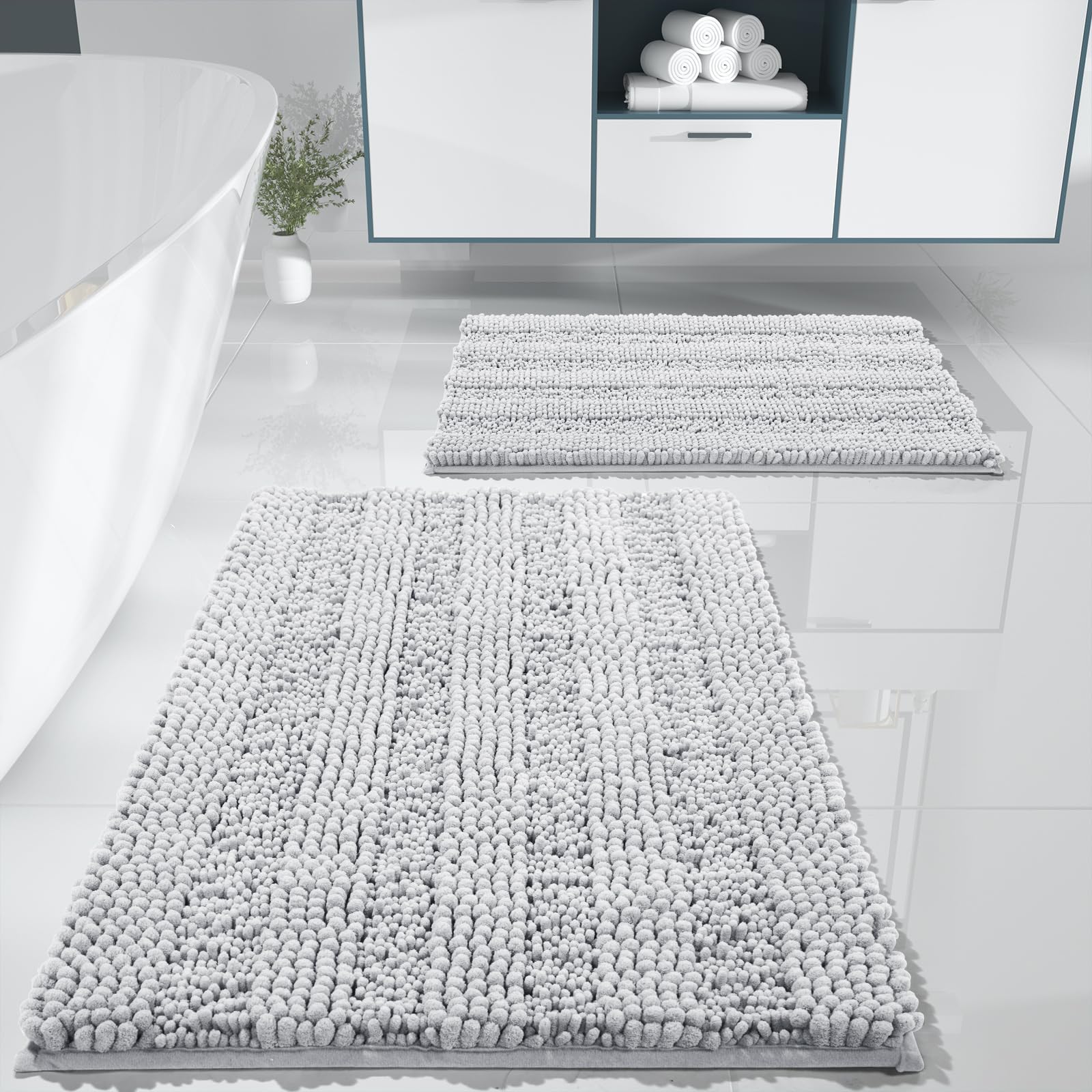 Luxury Chenille Bathroom Rugs Set of 2 - Extra Thick Non-Slip Quick Dry Bath Mats for Shower Floor, Soft Fluffy Microfiber Absorbent Machine Washable Bath Rugs (Silver Grey, 20
