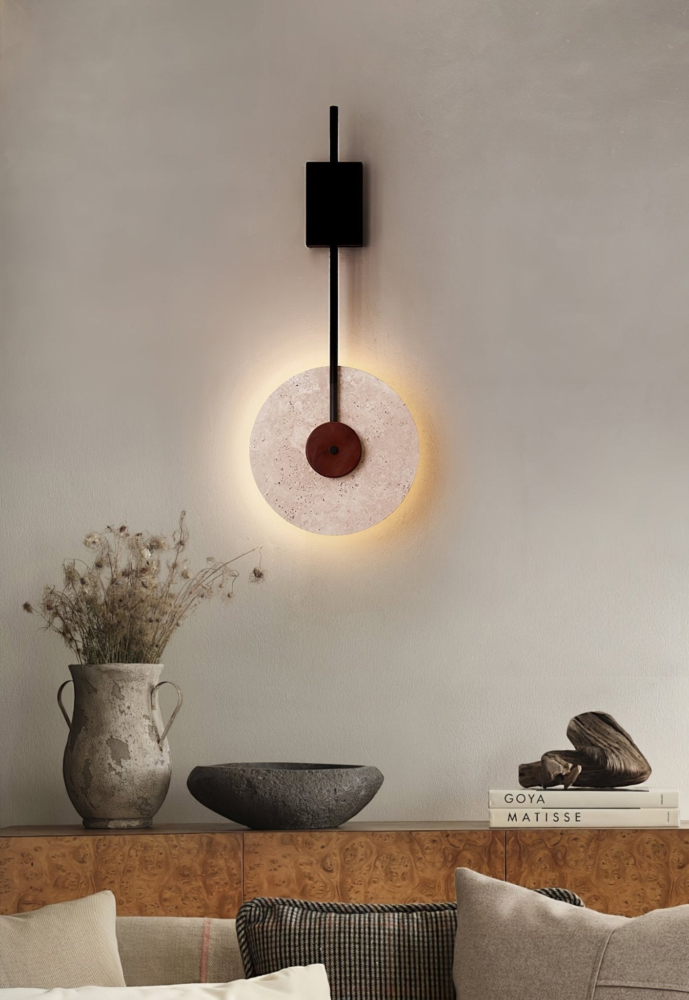 Modern Disc Travertine Wall Lamp - Natural Stone Finish for Living Room, Bedroom & Hallway Lighting - Elegant Home Decor