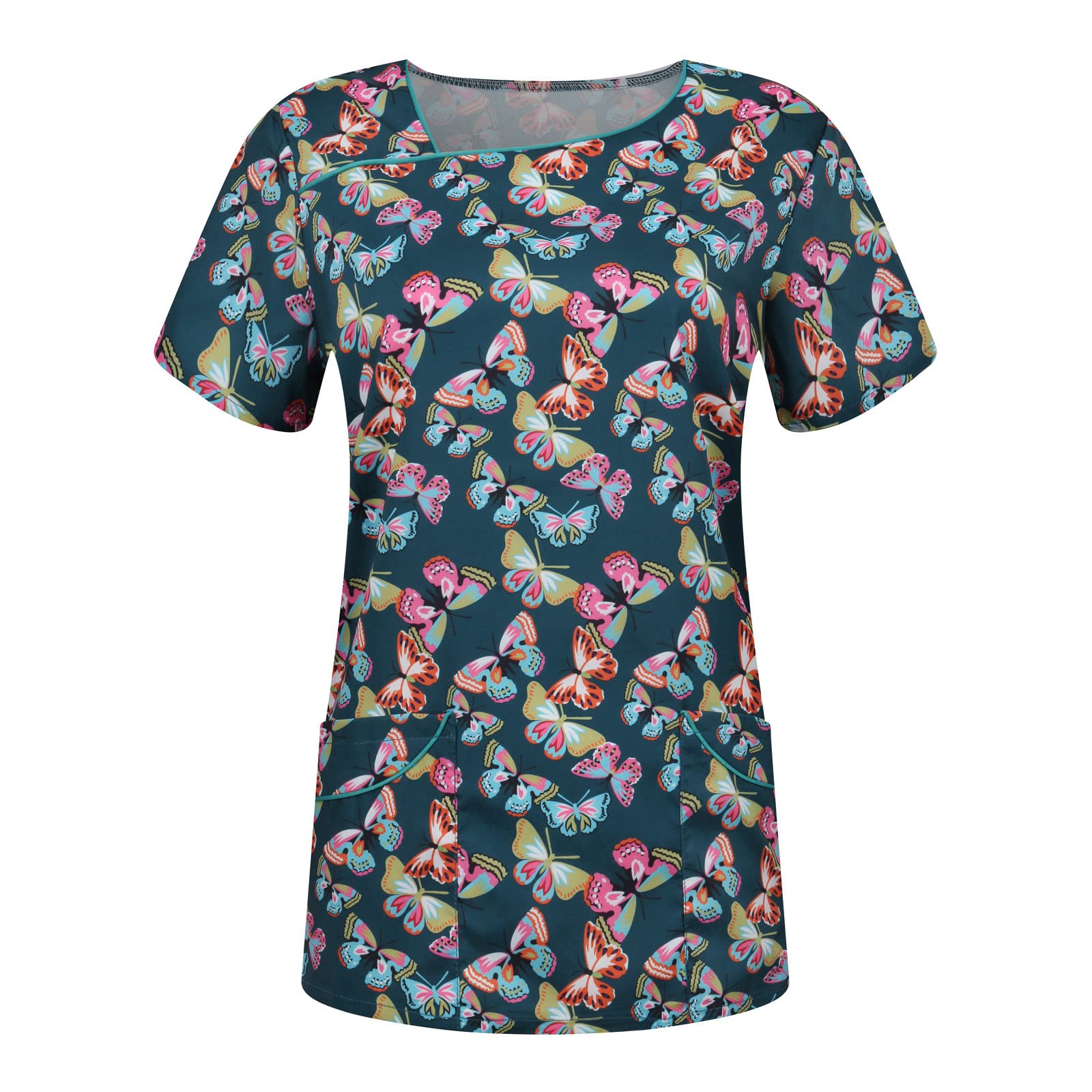Butterfly Print Plus Size V-Neck Scrub Top - Stretch Nursing Uniform for Women | Comfortable & Stylish for Work, Holidays & Everyday Wear