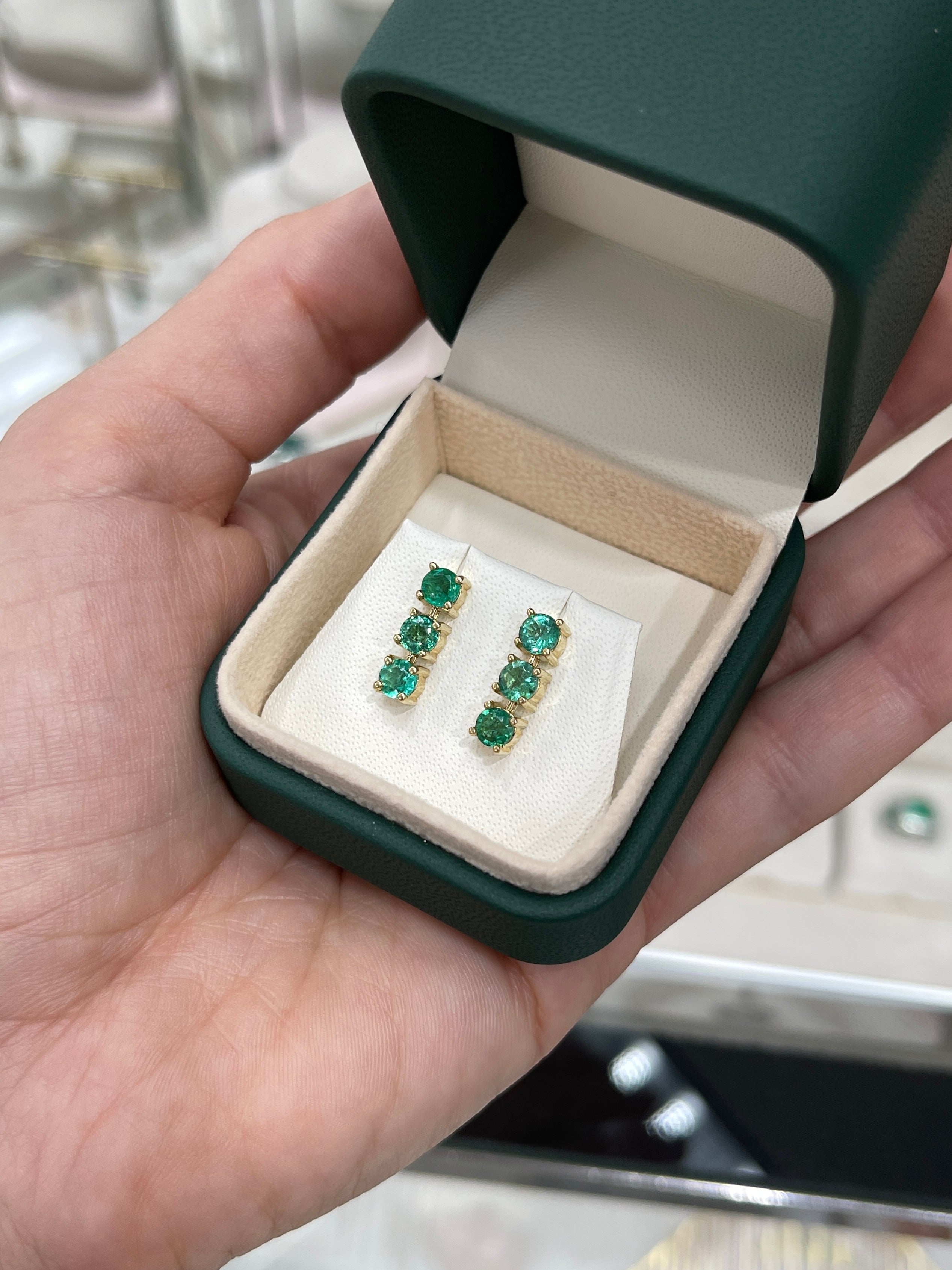 1.80TCW Natural Round Emerald Drop Earrings in 14K Yellow Gold - Lightweight Dangle Studs for Women - Perfect for Weddings, Parties & Special Occasions