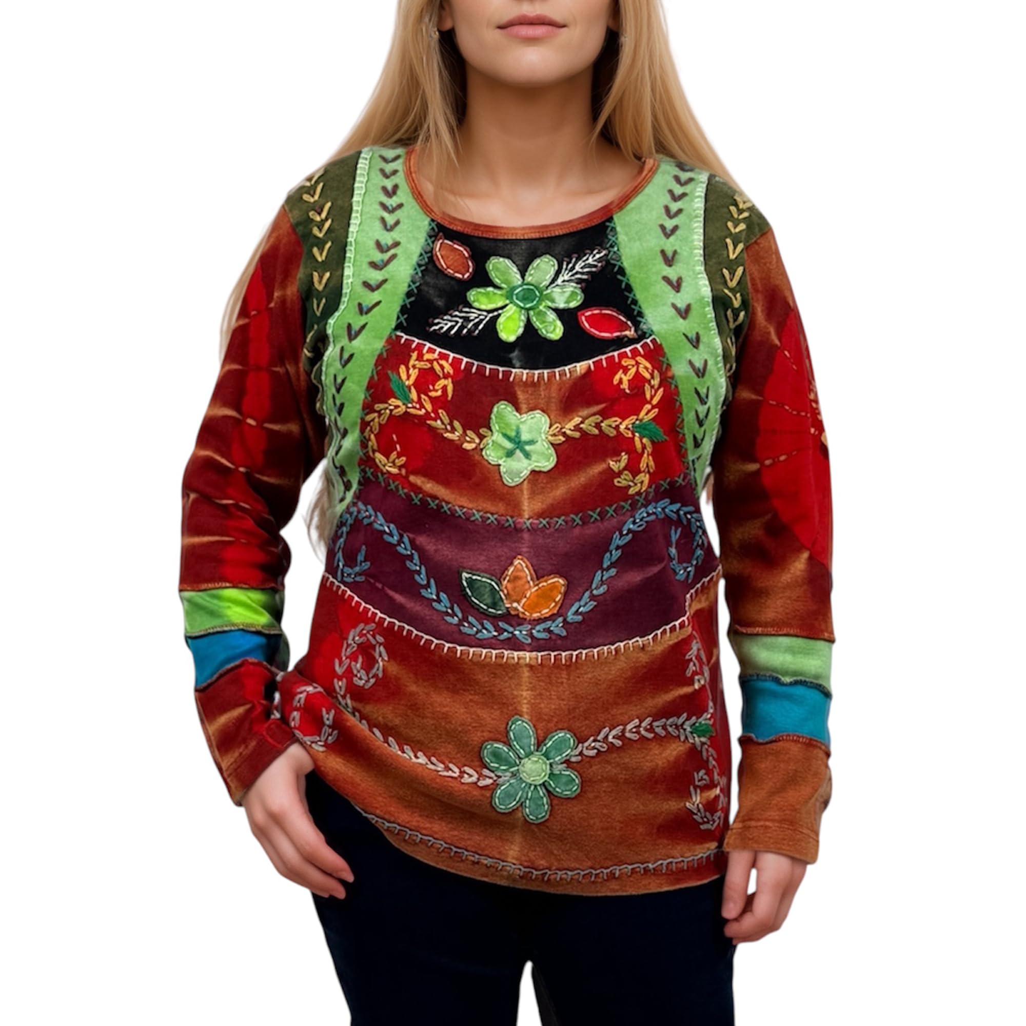 Agan Traders Women's 2025 Spring Rib Knit Cotton Stonewashed Bohemian Embroidered Long Sleeve Blouse - Tie Dye Patched Top (Size L, Red M2) | Casual Wear, Festival Outfit, Boho Chic Style