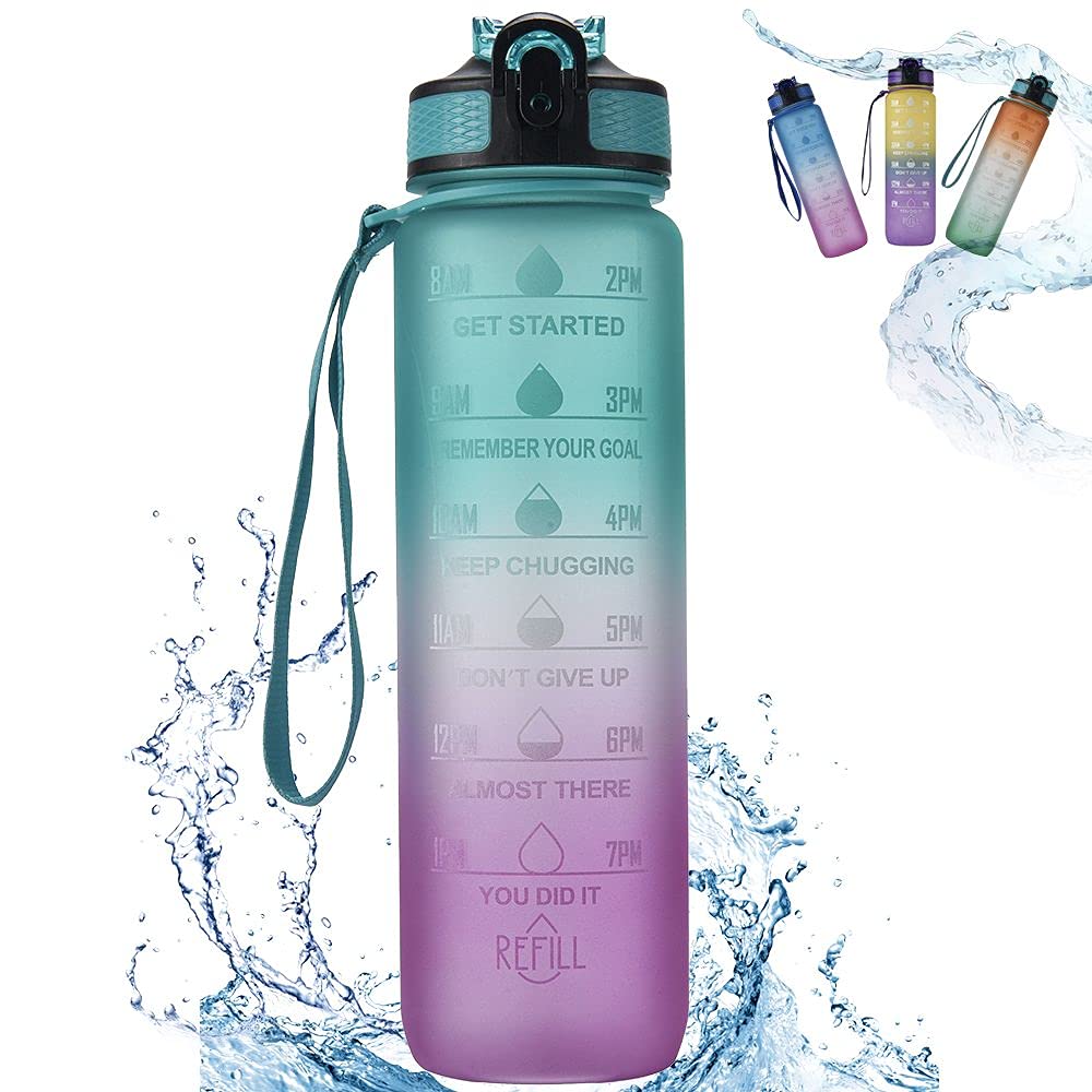32oz Motivational Water Bottle with Time Marker & Straw - BPA Free, Fast Flow, Non-Toxic - Ideal for Gym, Fitness & Outdoor Sports - Perfect for Hydration Tracking During Workouts, Hiking & Running (Green & Purple)