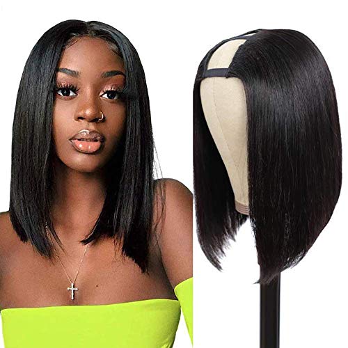 12 Inch Short Bob Straight Synthetic U Part Wig for Black Women - Glueless Brazilian Hair Half Wig with Clips | Perfect for Daily Wear, Parties & Protective Styling