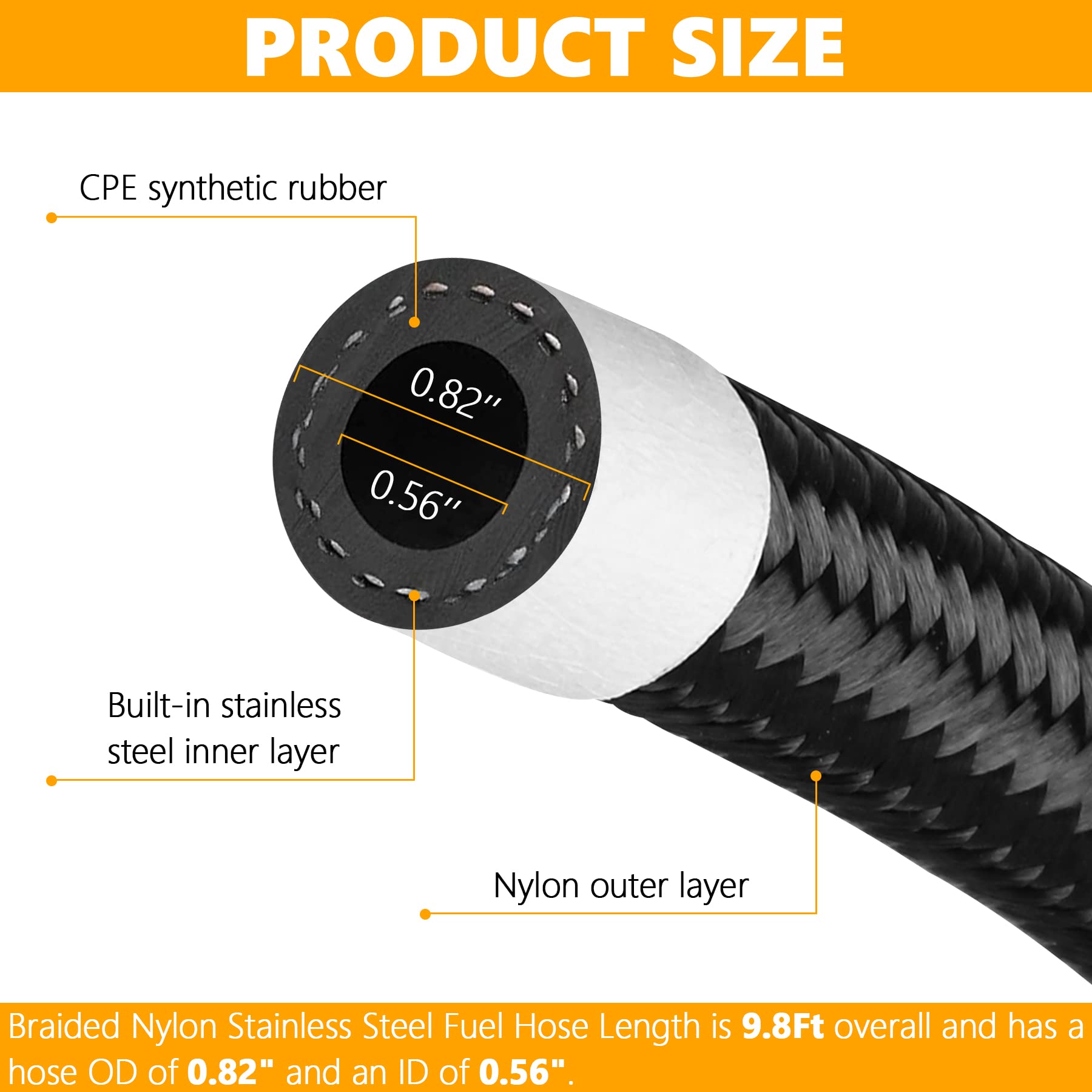 10AN 10 Ft Fuel Line Hose - Stainless Steel Nylon Braided Oil & Gas Hose - 9/16