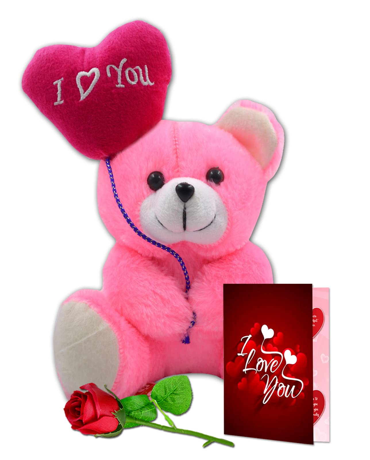 Romantic Valentine's Day Gift for Wife, Girlfriend or Fiancee - Pink Teddy Bear, Red Rose & Love Card Set | Unique Couples Gift for Teddy Day, Rose Day & Proposal Day | Perfect Anniversary, Birthday & Love Celebration Present