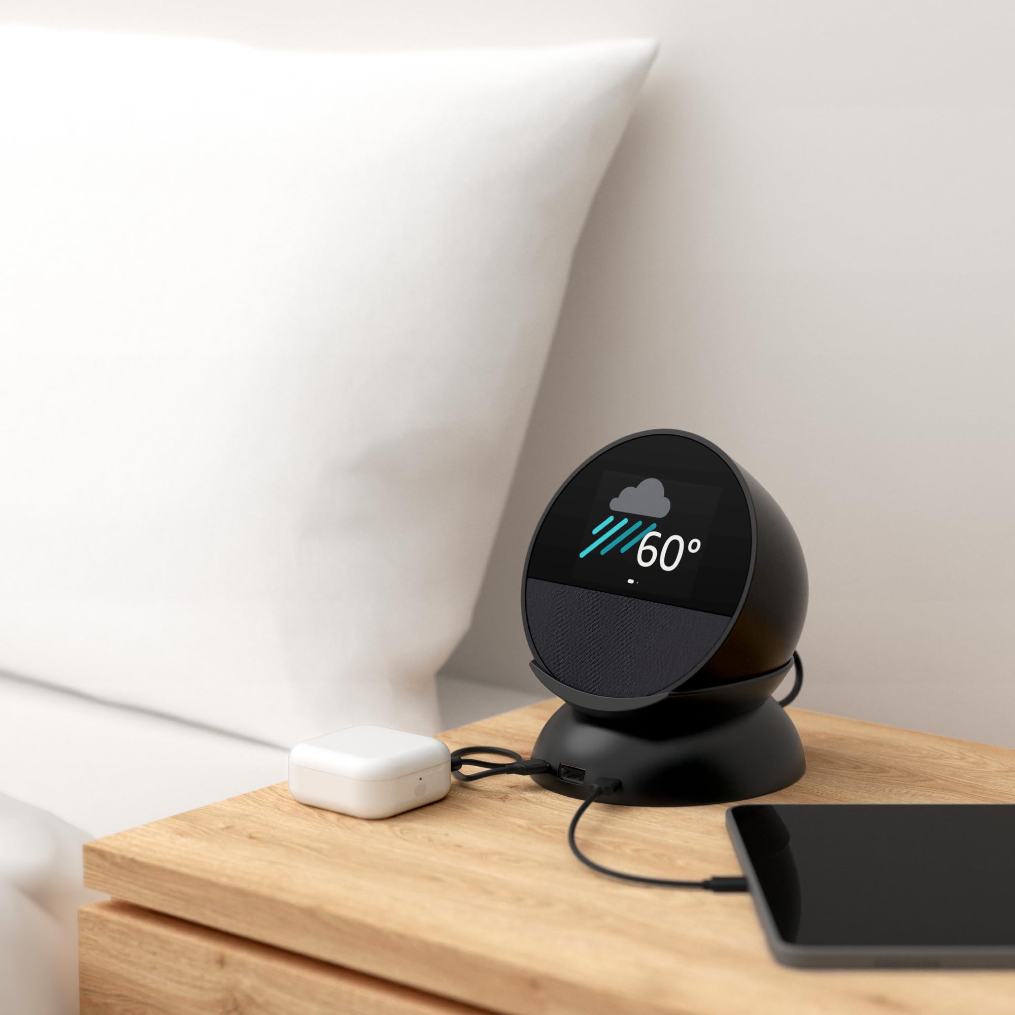 Echo Spot Smart Alarm Clock with Alexa (2024 Model) - Black | Includes Made for Amazon Stand with Dual USB-C & USB-A Charging Ports | Perfect for Bedroom, Office & Smart Home Control