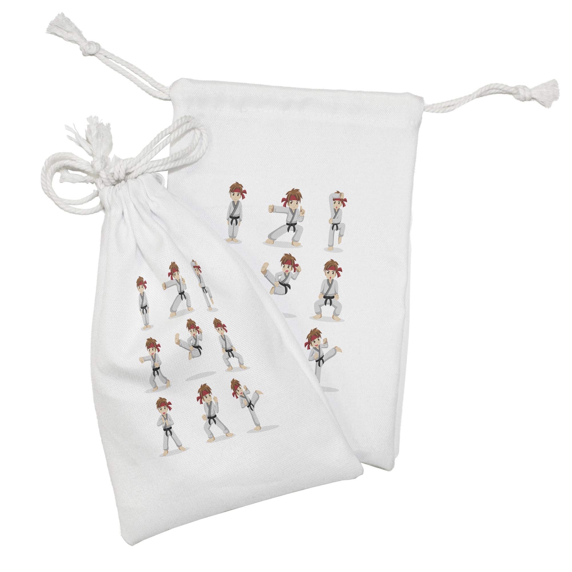 Ambesonne 2-Pack Karate Fabric Pouches - Martial Arts Cartoon Boy in Fight Poses, Small Drawstring Bags for Toiletries, Masks & Party Favors (9