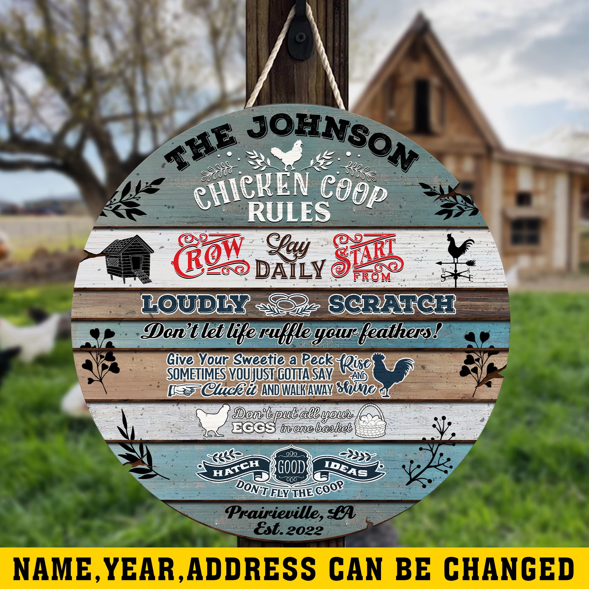 V VIBEPY Custom All Over Printed Wood Signs - Personalized Chicken Coop Rules, Funny Farmhouse Decor (12