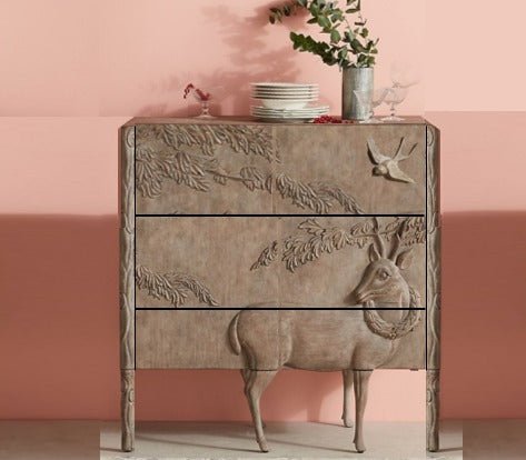 Hand Carved Deer Three Drawers Dresser - Solid Wood Chest of Drawers for Bedroom, Living Room & Nursery Storage Furniture