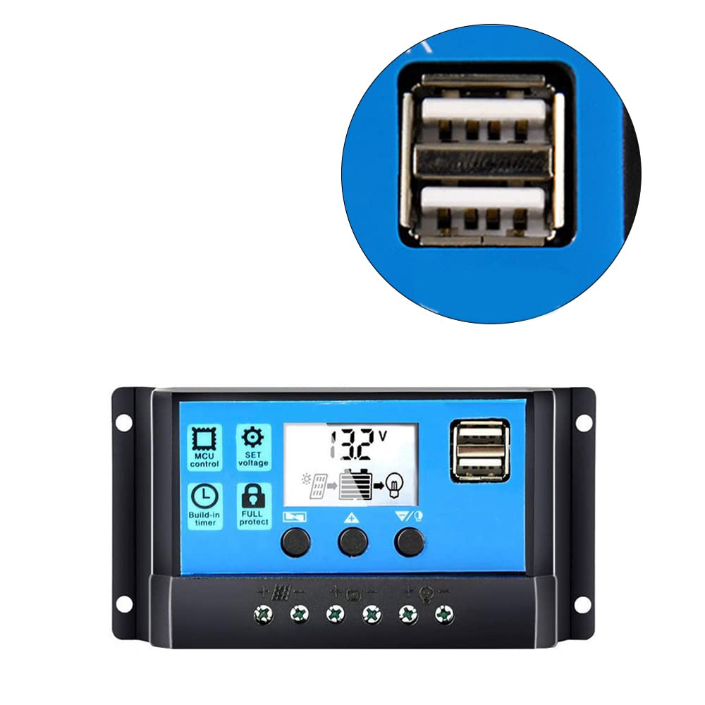 Qingyuan Universal Solar Panel Charge Controller Regulator 12V/24V Auto with Dual USB Ports - Perfect for DIY Solar Projects, RV, Boat, Off-Grid Power Systems & Camping