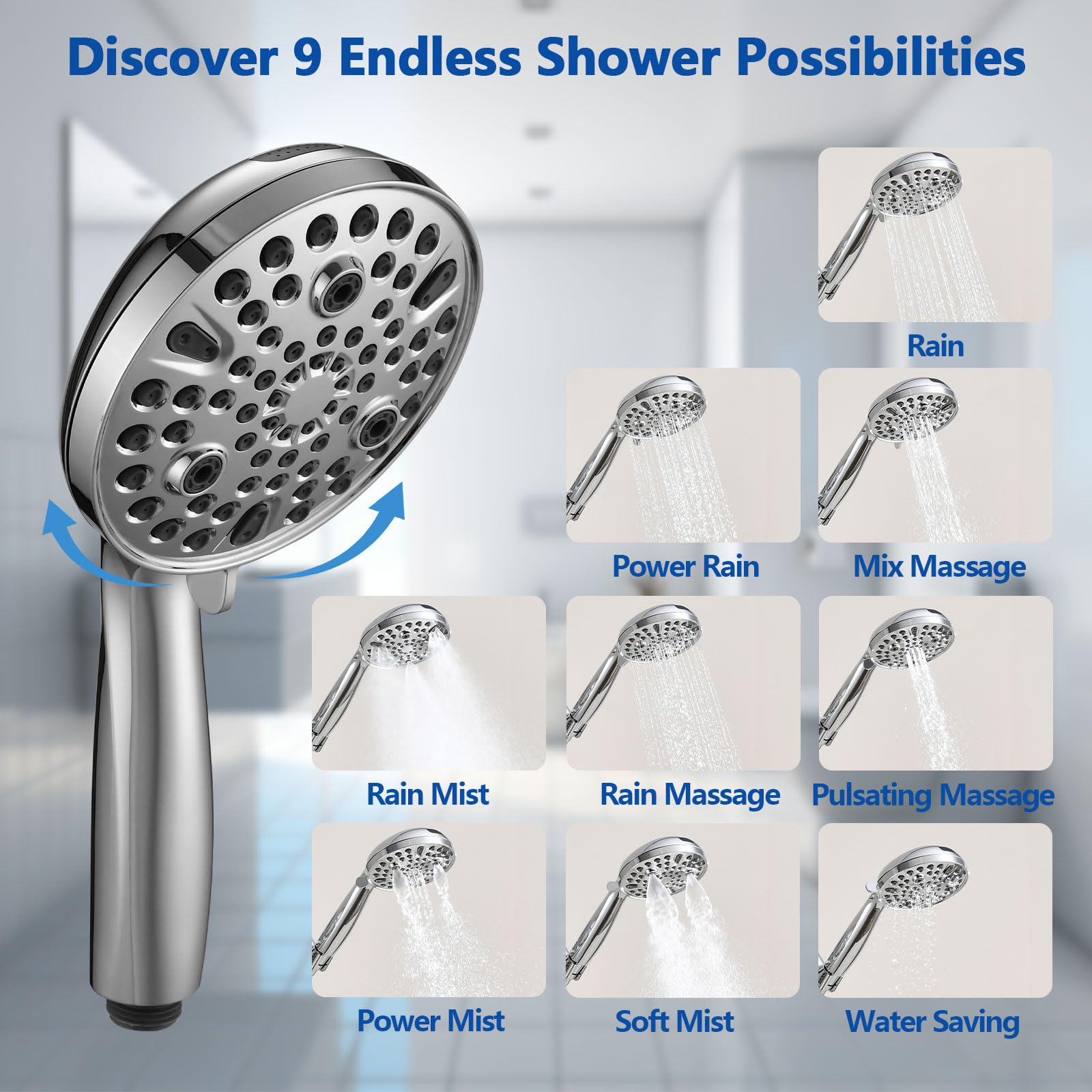 Double Shower Head for Couples - High Pressure Dual Showerhead Combo with Adjustable Height Shower Rod & Hooks - 10-Setting & 9-Setting Handheld Shower Heads in Chrome - Perfect for Master Bathrooms, Spa-Like Showers, and Couples' Relaxation Time