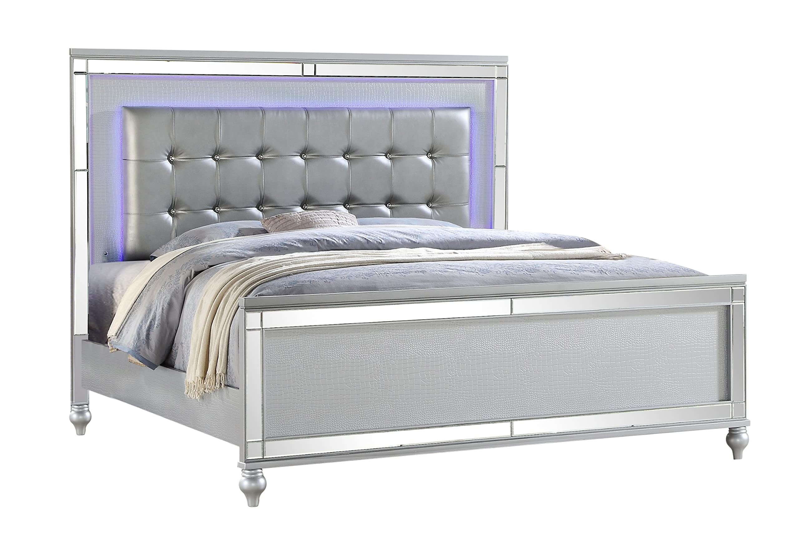 Silver King-Size Upholstered LED Bed with Glamorous Nightstands and Dresser Set - Modern Bedroom Furniture Collection for Luxurious Master Suite Decor | Perfect for Contemporary Home & Hotel Room Design