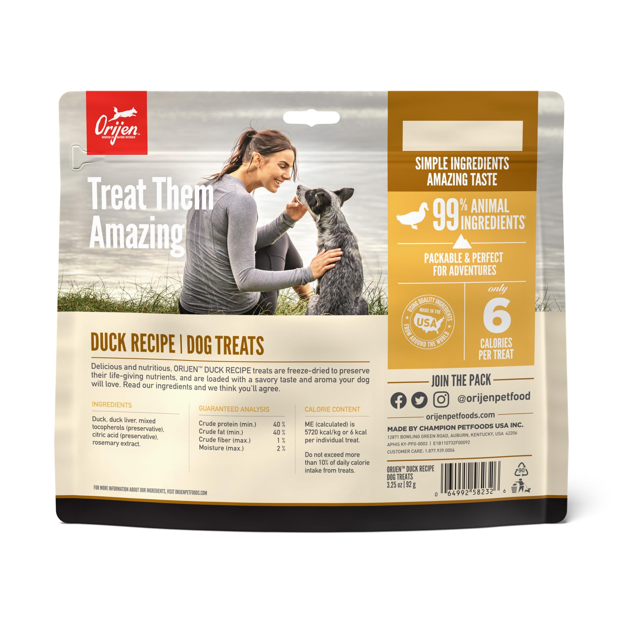 ORIJEN Freeze Dried Duck Recipe Dog Treats - Grain Free, High Protein, 3.25oz - Perfect for Training, Rewards & Dental Health