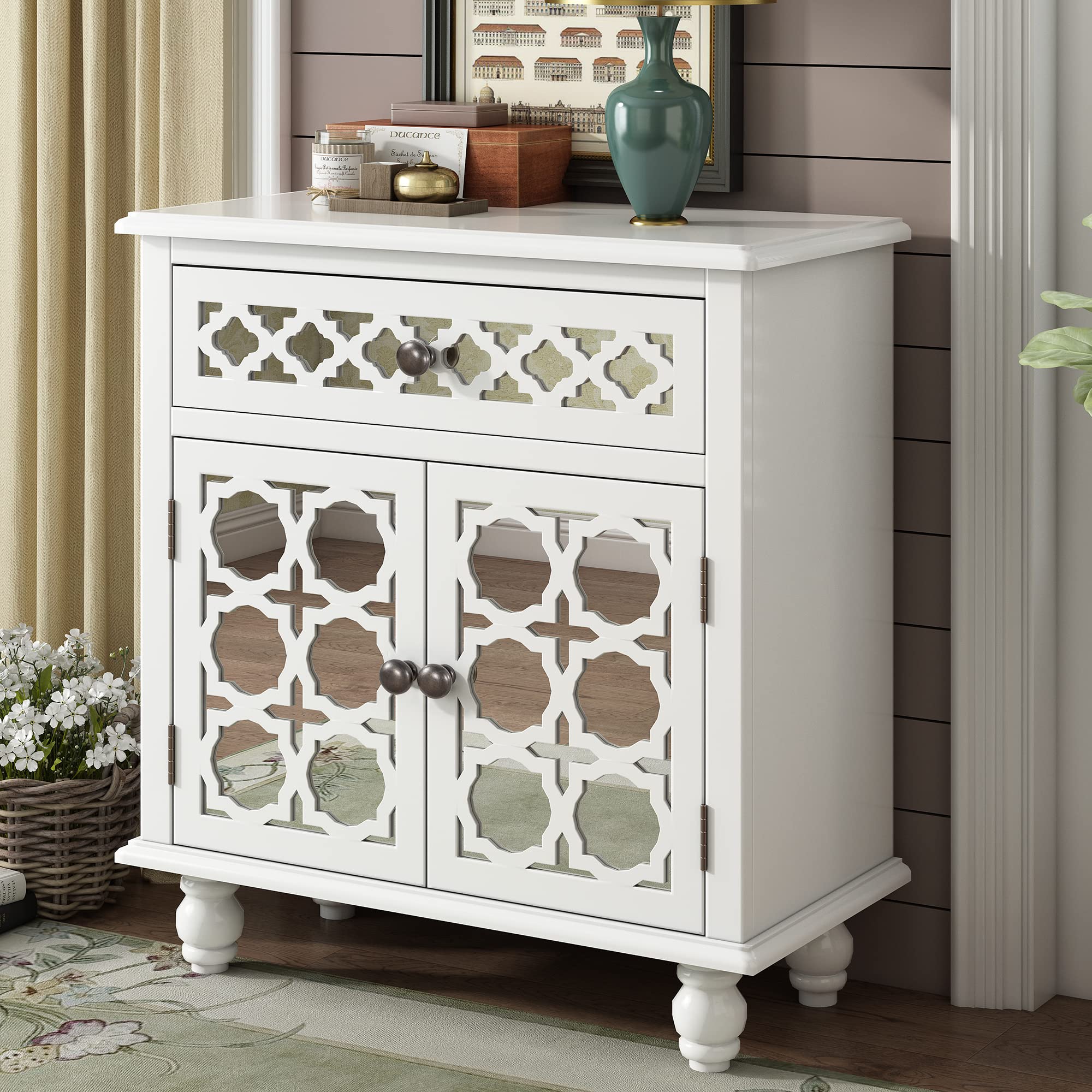 Merax White Accent Storage Cabinet with 2 Mirror Doors & Drawer - Wooden Entryway, Bedroom, Living Room Organizer for Home Decor & Storage Solutions