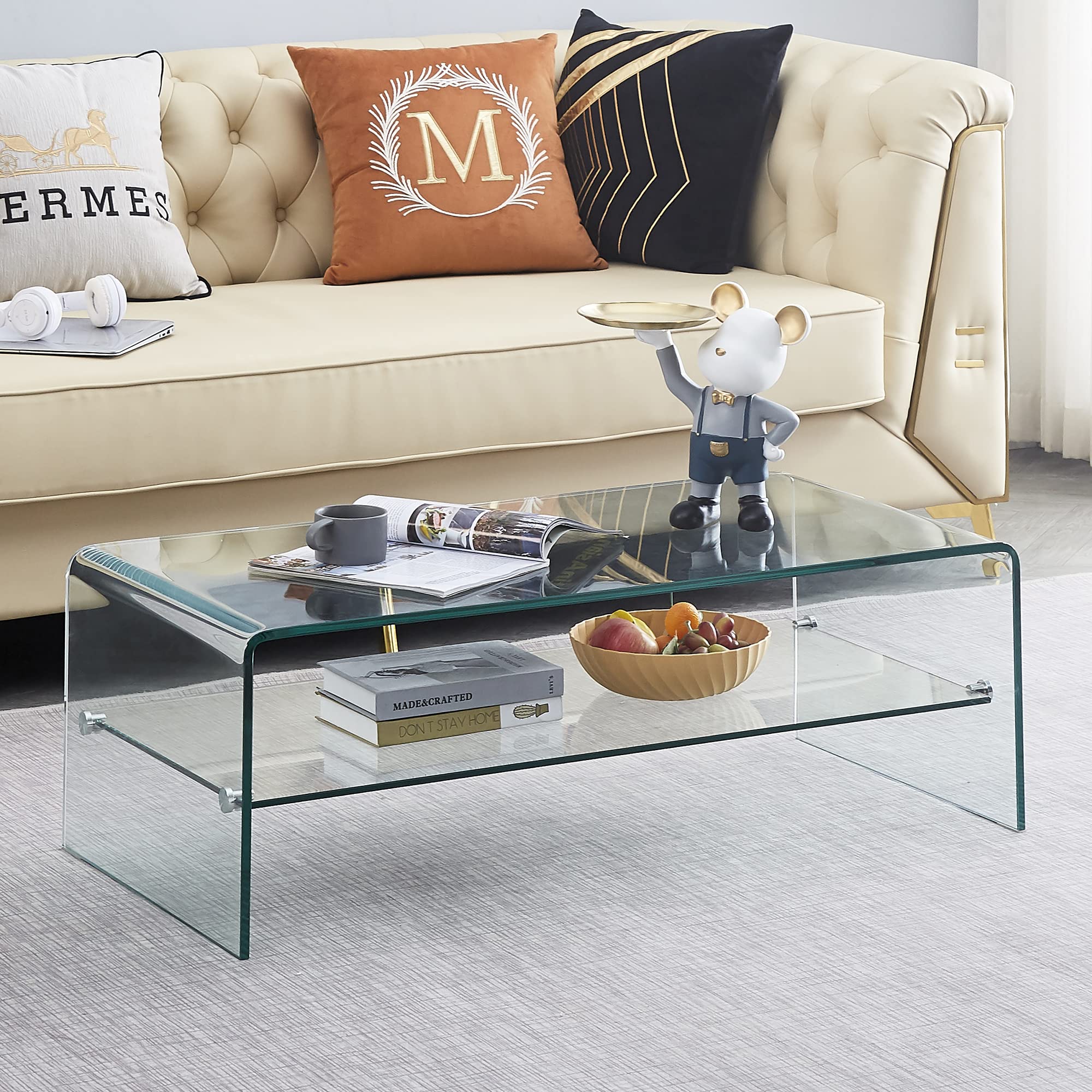 Modern Clear 2-Tier Waterfall Tempered Glass Coffee Table with Storage - 19.7
