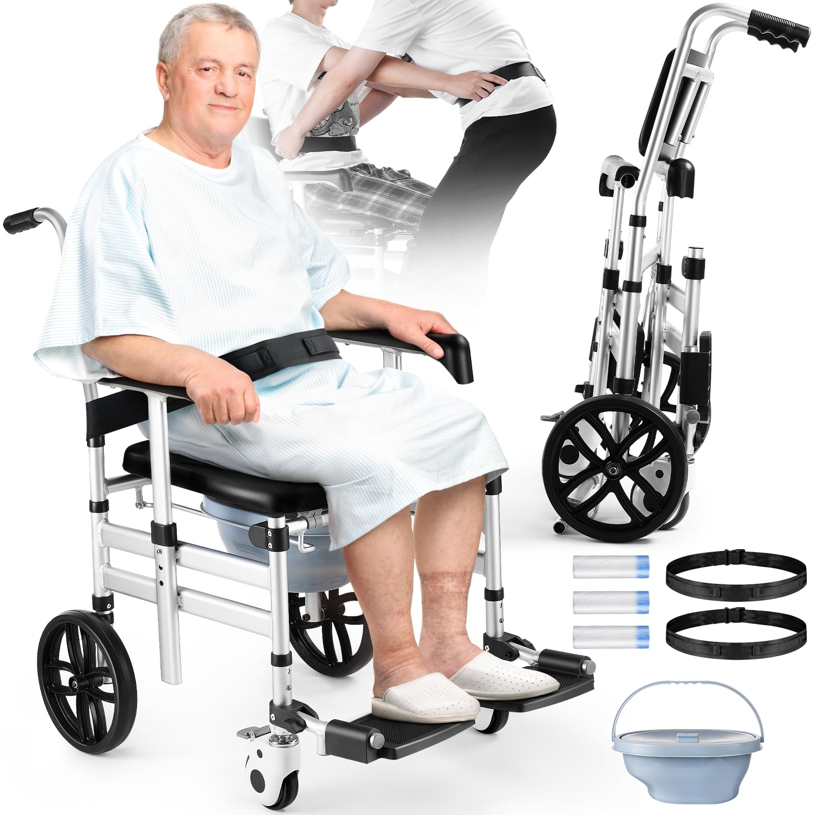 Hybodies Folding Shower Chair with Wheels - Waterproof Rolling Bath Commode for Elderly, Disabled & Injured | Safety Straps & Locking Wheels | Ideal for Bathroom Safety & Mobility Assistance
