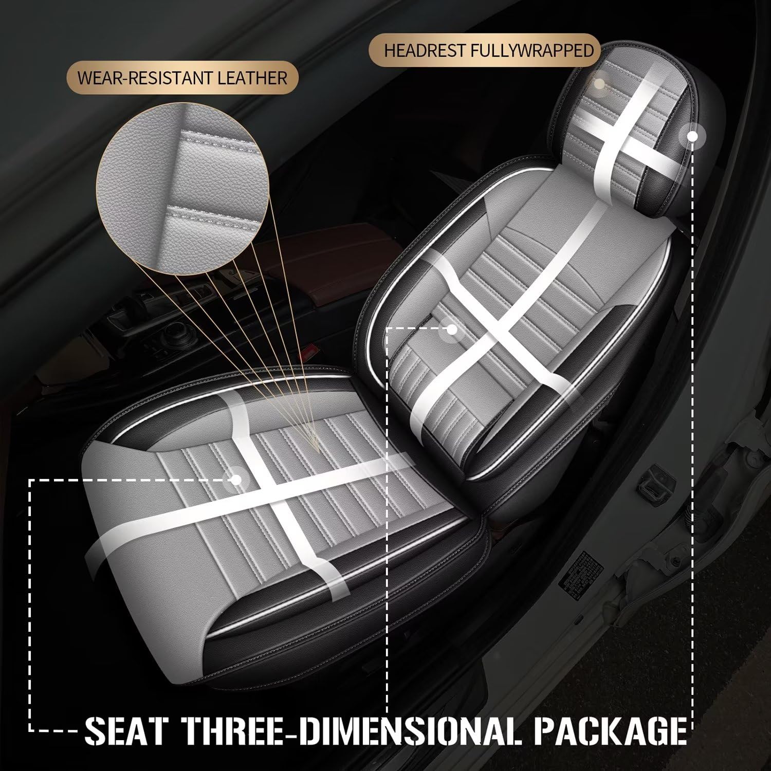 TTX LIGHTING Waterproof Faux Leather Car Seat Covers - Full Set 5 Seats for BMW 5 Series (2004-2025 Models) | Airbag Compatible Seat Protector | Gray & White | Perfect for Daily Commute, Road Trips & Family Protection