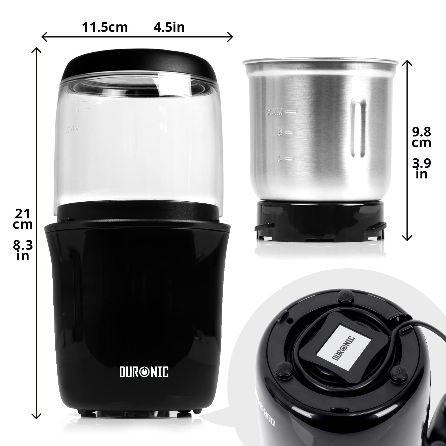 Duronic CG250 Electric Coffee Grinder - Stainless Steel Blade Grinder for Coffee Beans, Nuts, Spices & Seeds | Fast & Quiet Mini Mill with Removable Bowl | Perfect for Home, Office & Coffee Shops