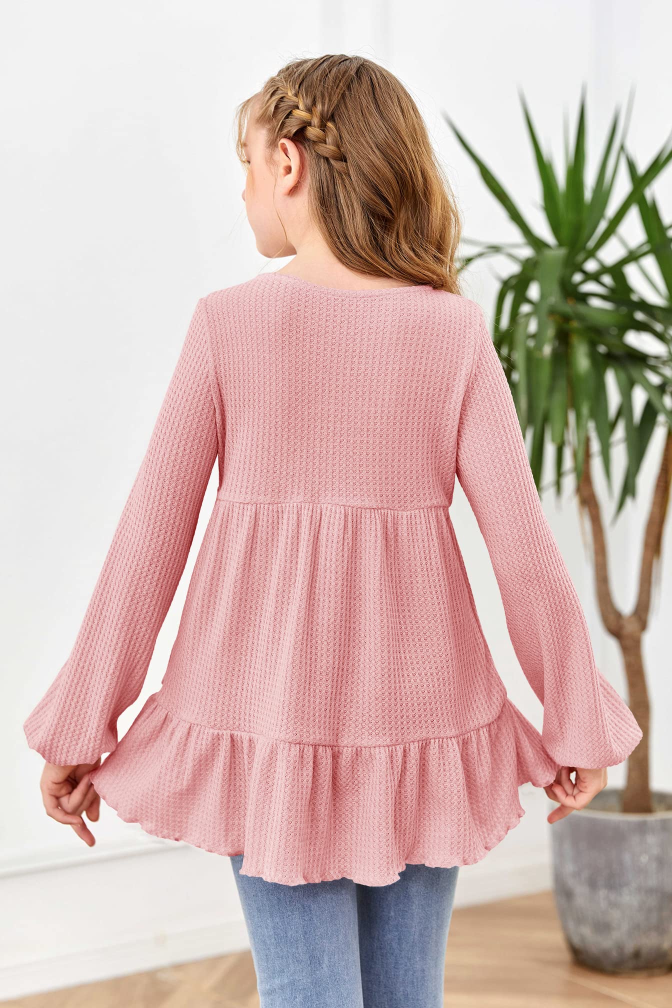 Girls Waffle Knit Tunic Top - Baby Doll Peplum Blouse with Ruffles & Flowy Long Sleeves - Loose Fit High-Low Jumper for Kids | Perfect for School, Playdates & Casual Outfits