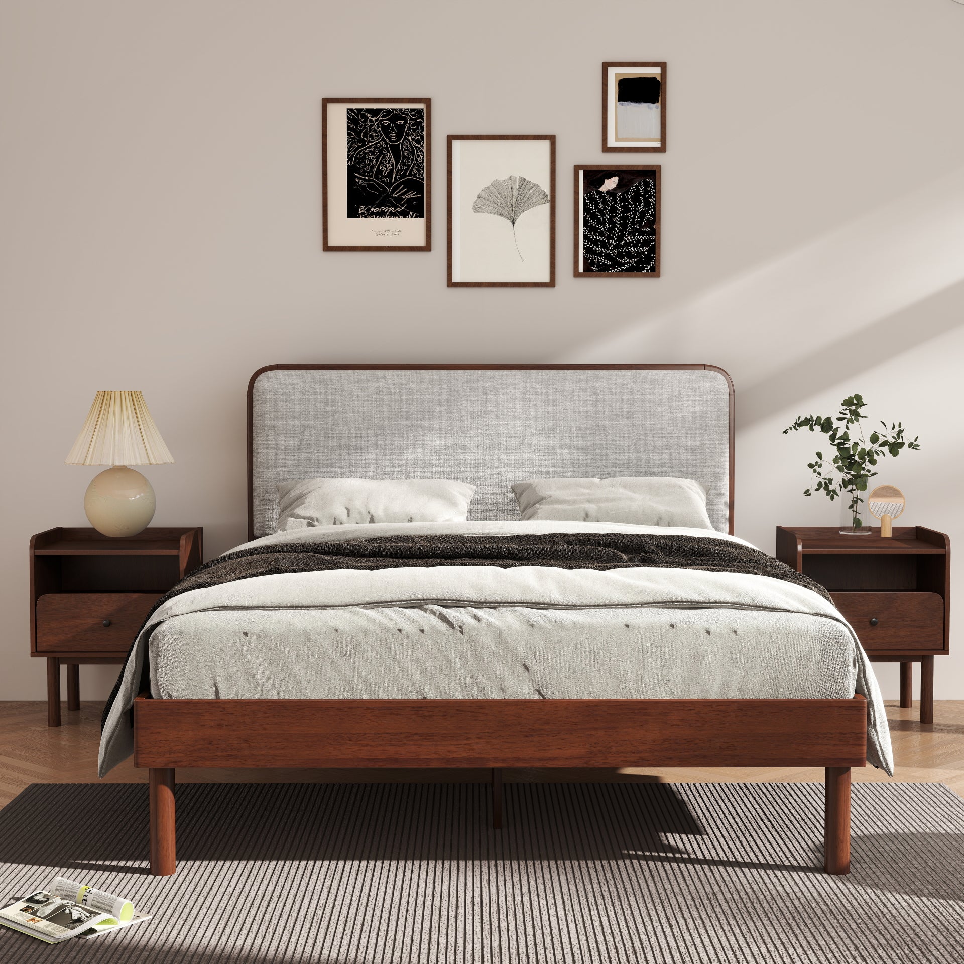 Roundhill Furniture Wyller 3-Piece Queen Bedroom Set - Platform Bed with 2 Nightstands in Natural Walnut Finish | Modern Bedroom Furniture for Small Spaces & Guest Rooms