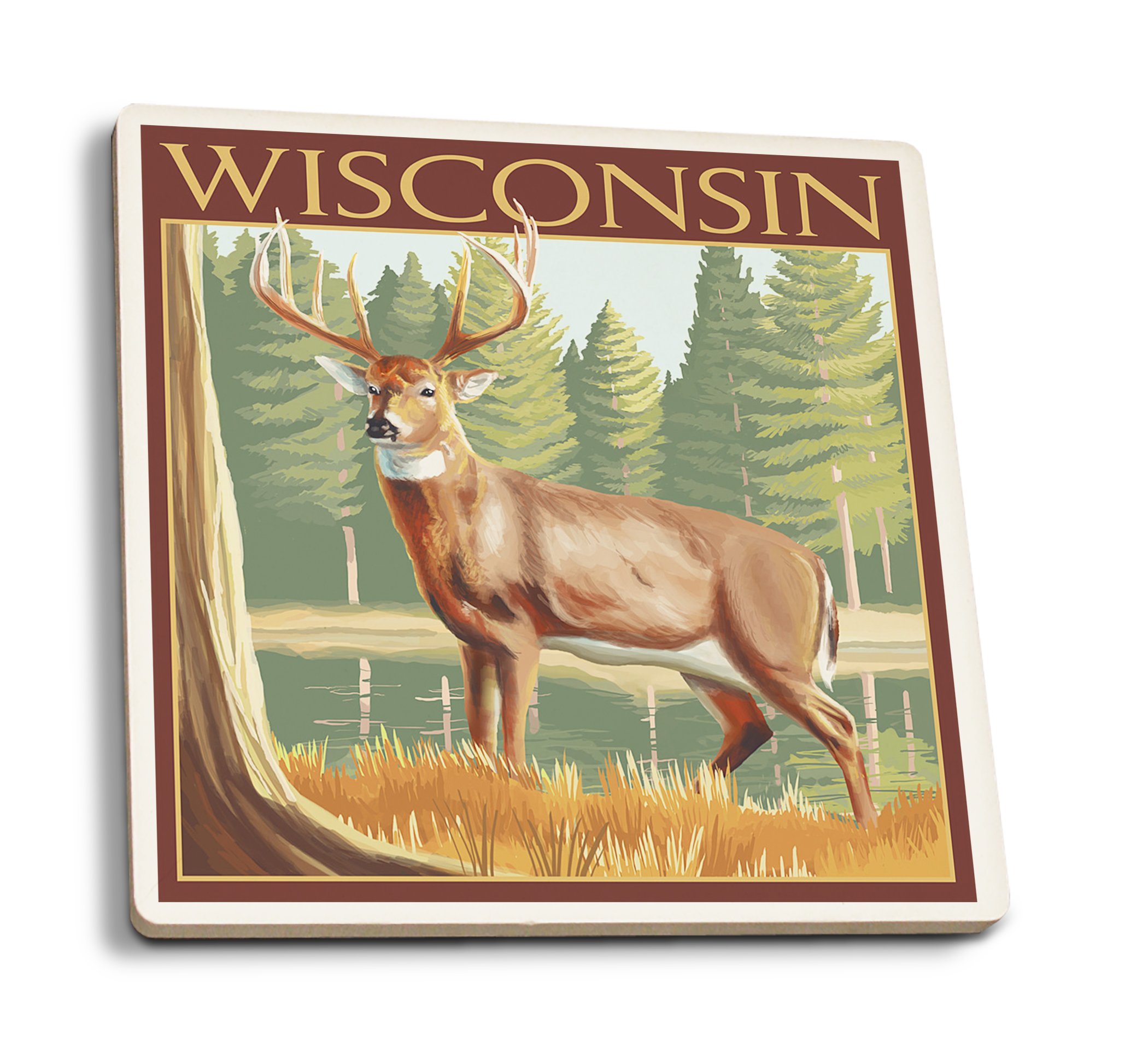 Absorbent Ceramic Coasters Set of 4 - White-Tailed Deer Wisconsin Design with Cork Back - Perfect for Kitchen, Dining Table & Home Decor