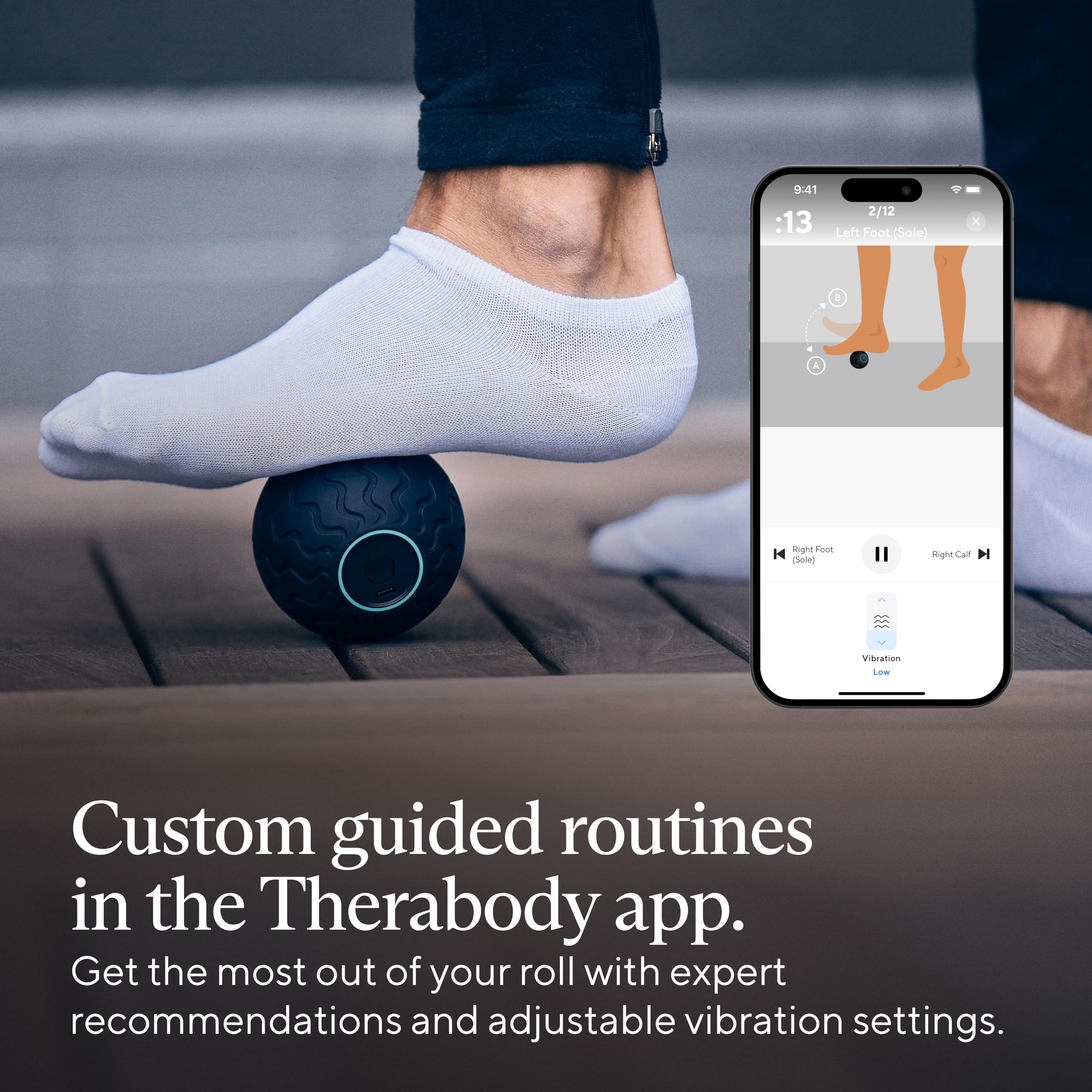 Therabody Wave Solo - Handheld Bluetooth Massage Gun with QuietRoll Technology, 3 Customizable Vibration Frequencies for Muscle Recovery & Pain Relief - Portable Vibration Therapy Ball for Athletes, Office Workers & Home Use