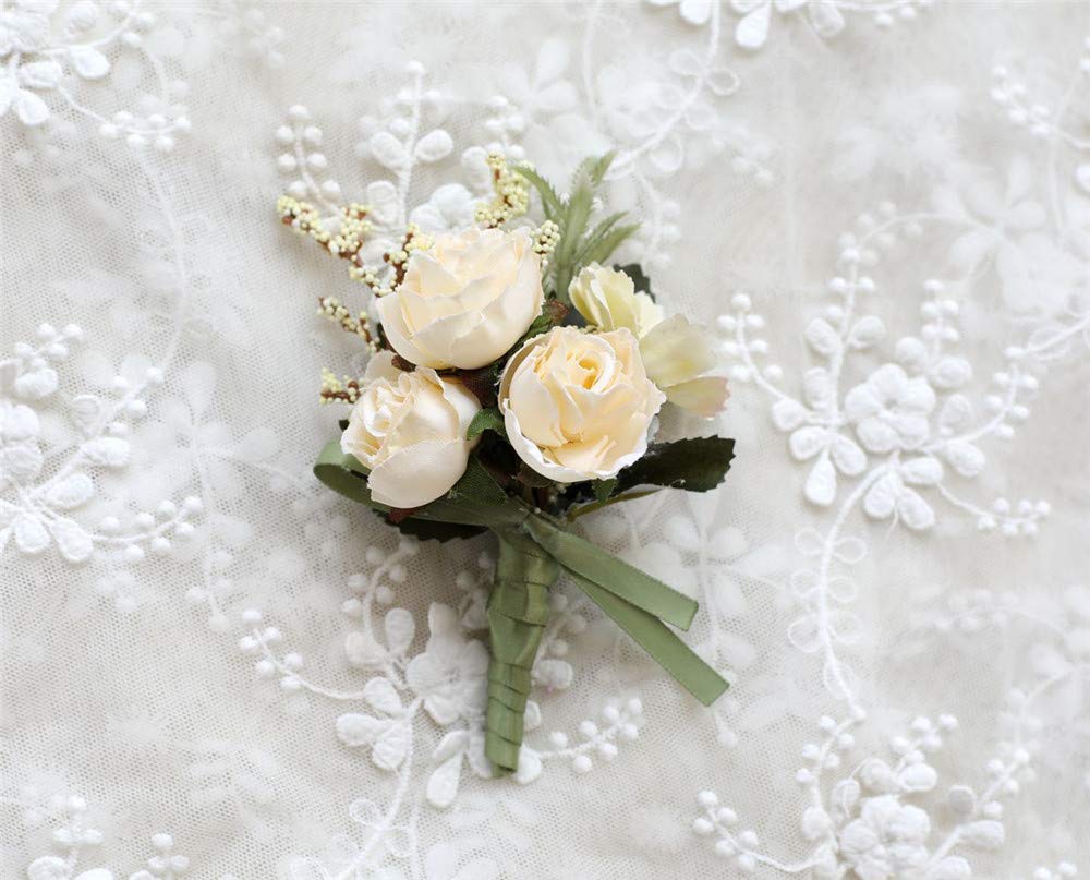 Artificial Rose Corsage and Boutonniere Set - Beige Wedding Flowers for Prom, Party & Suit Decoration - Perfect for Bridal Bouquets, Homecoming Dances and Formal Events