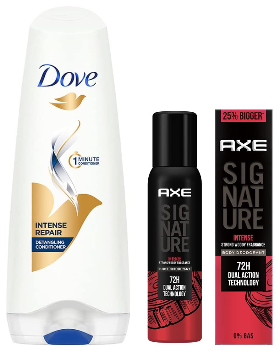 AXE Signature Body Spray for Men, Intense Scent, 5.1 oz & Dove Intense Repair Conditioner for Damaged Hair, 6 oz – Gym, Work, and Everyday Freshness Combo