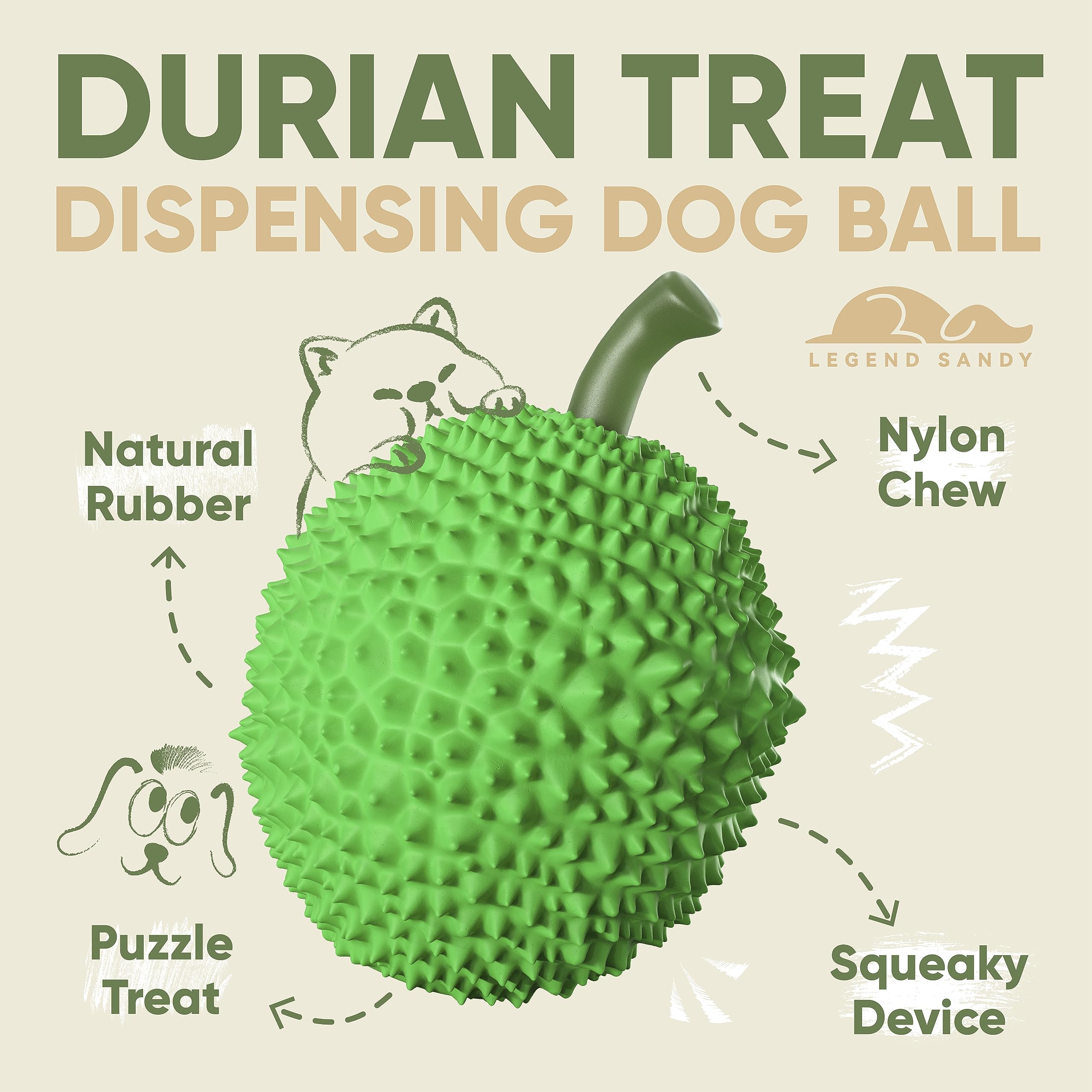 Indestructible Squeaky Dog Chew Toys for Large Breeds - Natural Rubber Treat Dispensing Puzzle Ball for Aggressive Chewers (DurianBall-Green) - Perfect for Interactive Play, Training Rewards & Mental Stimulation
