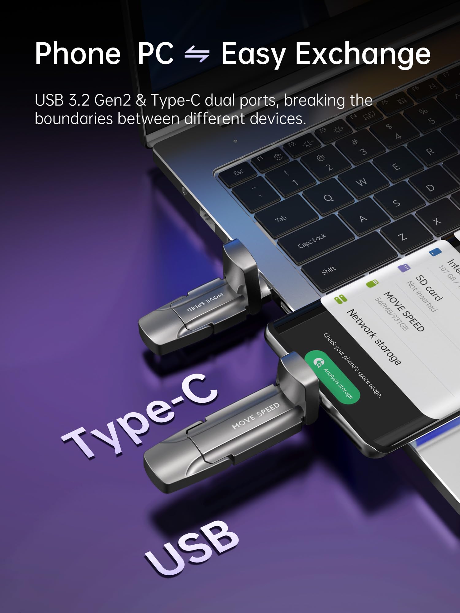MOVE SPEED 512GB USB Flash Drive - 1000MB/s High-Speed USB 3.2 Gen 2 & Type-C Dual Interface SSD Thumb Drive with Leather Case - Compatible with iPhone 15/16, MacBook, Android, PC, Audio Devices - Perfect for Data Storage, File Transfer, Music Playback & Backup Solutions (1 Pack)