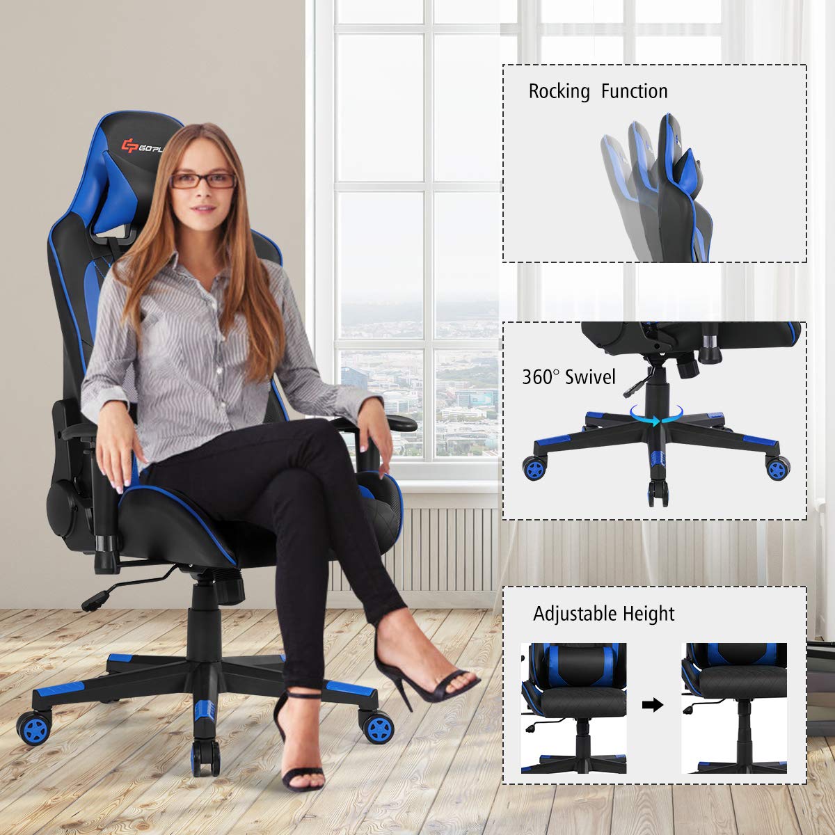 Powerstone Ergonomic Gaming Chair with Adjustable Armrest, Massage Lumbar Support & Wide Cushion - Blue Office Computer Chair for Adults - Perfect for Gaming, Working & Home Office Use
