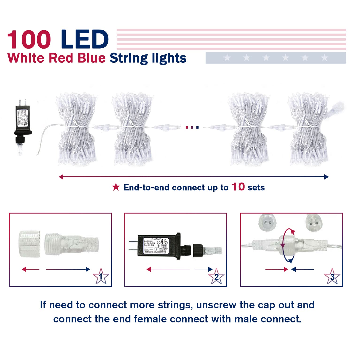 JMEXSUSS Patriotic 4th of July LED String Lights - 33ft Red White Blue Outdoor/Indoor Decorations, 100 LED Plug-in Lights with 8 Lighting Modes for Independence Day, American Flag, Backyard, Party, and Holiday Celebrations