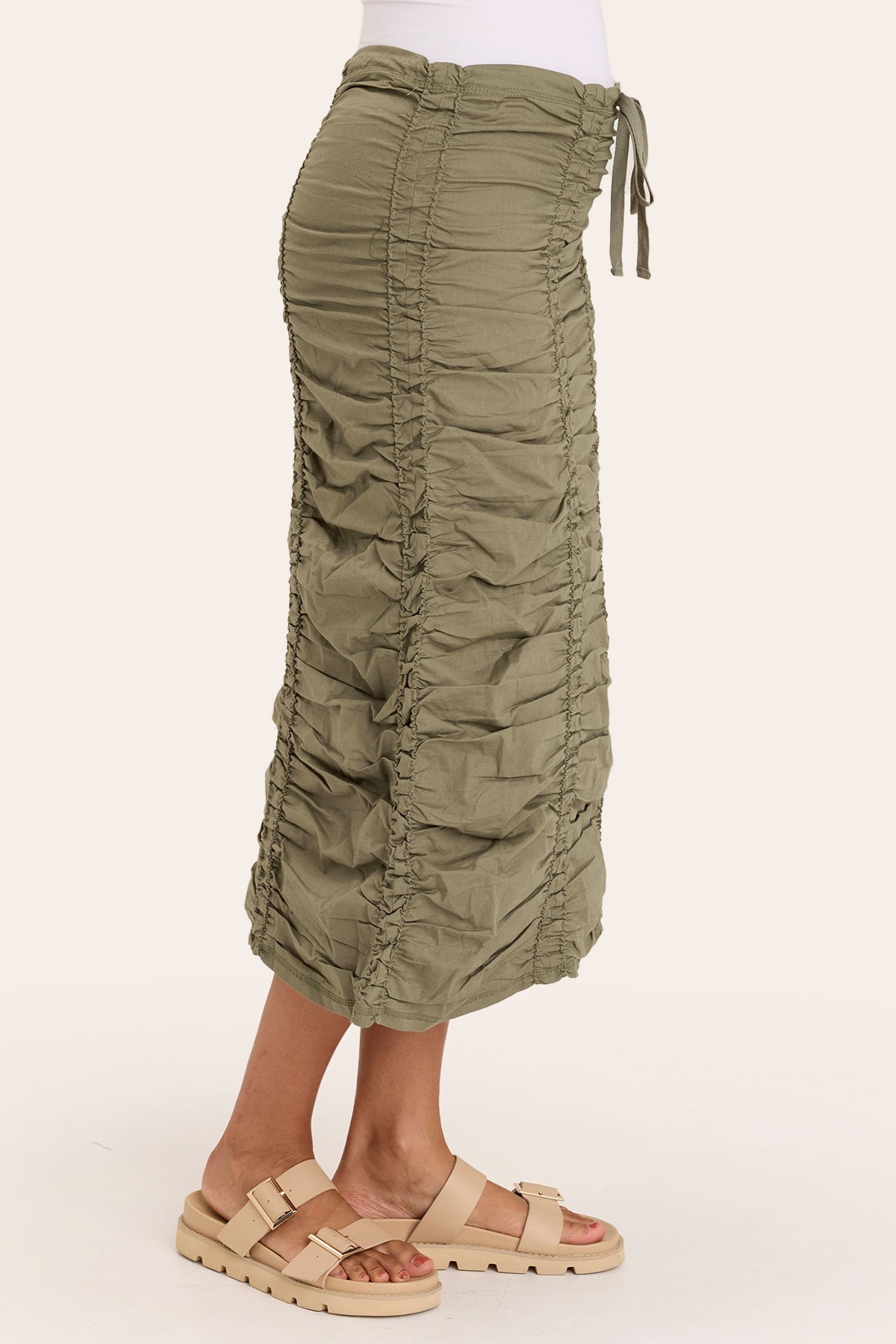 Double Shirred Panel Skirt - Women's Stretchy High Waist Flowy Midi Skirt with Pockets | Perfect for Casual Wear, Office Outfits & Summer Dresses