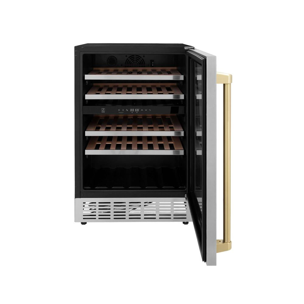 ZLINE Autograph Edition 24 Inch Stainless Steel Dual Zone 44 Bottle Wine Cooler with Champagne Bronze Accents - Perfect for Home Bars, Wine Cellars, and Entertaining Guests (RWVZ UD 24 CB)