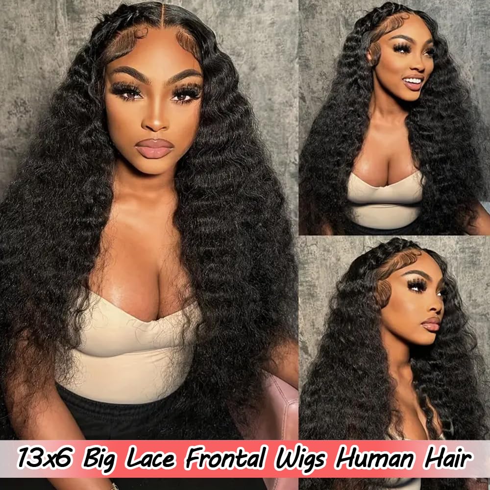 30 Inch Deep Wave Lace Front Wigs Human Hair - Pre Plucked 13x6 HD Lace Frontal Wig 180% Density - Glueless Deep Curly Human Hair Wig for Black Women - Perfect for Daily Wear, Cosplay & Special Occasions