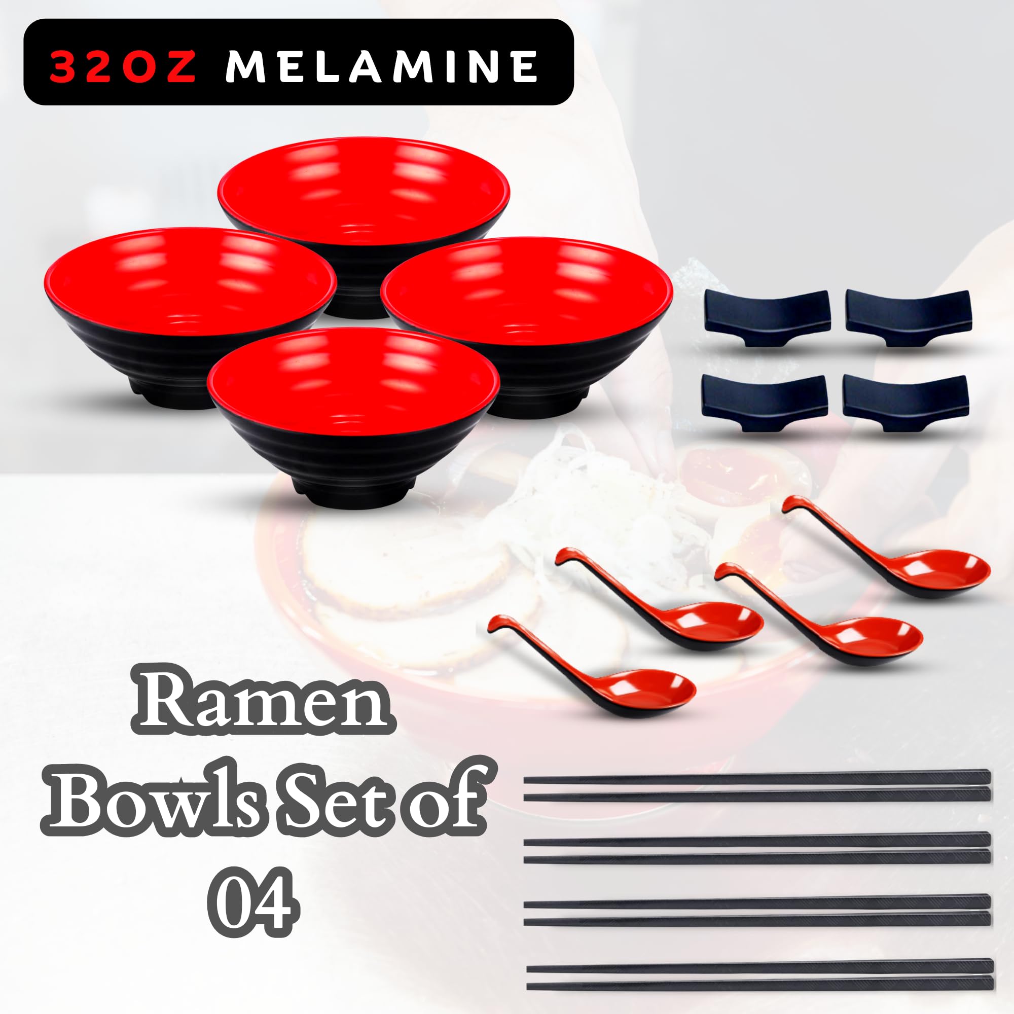4-Piece Large Melamine Ramen Bowl Set - 32oz Japanese Noodle Bowls with Spoons & Chopsticks for Pho, Rice, Salad & Soup - Perfect for Asian Cuisine, Home Dining & Restaurant Use
